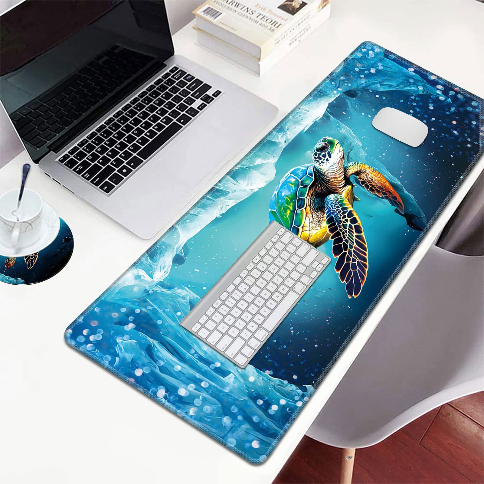 Premium XXL Gaming Mouse Pad (31.5x11.8 Inch) - Extended Non-Slip Desk Mat with Stitched Edges for Keyboard & Mouse | Waterproof Turtle Underwater Design | Perfect for PC Gaming, Office Work & Home Computer Setup