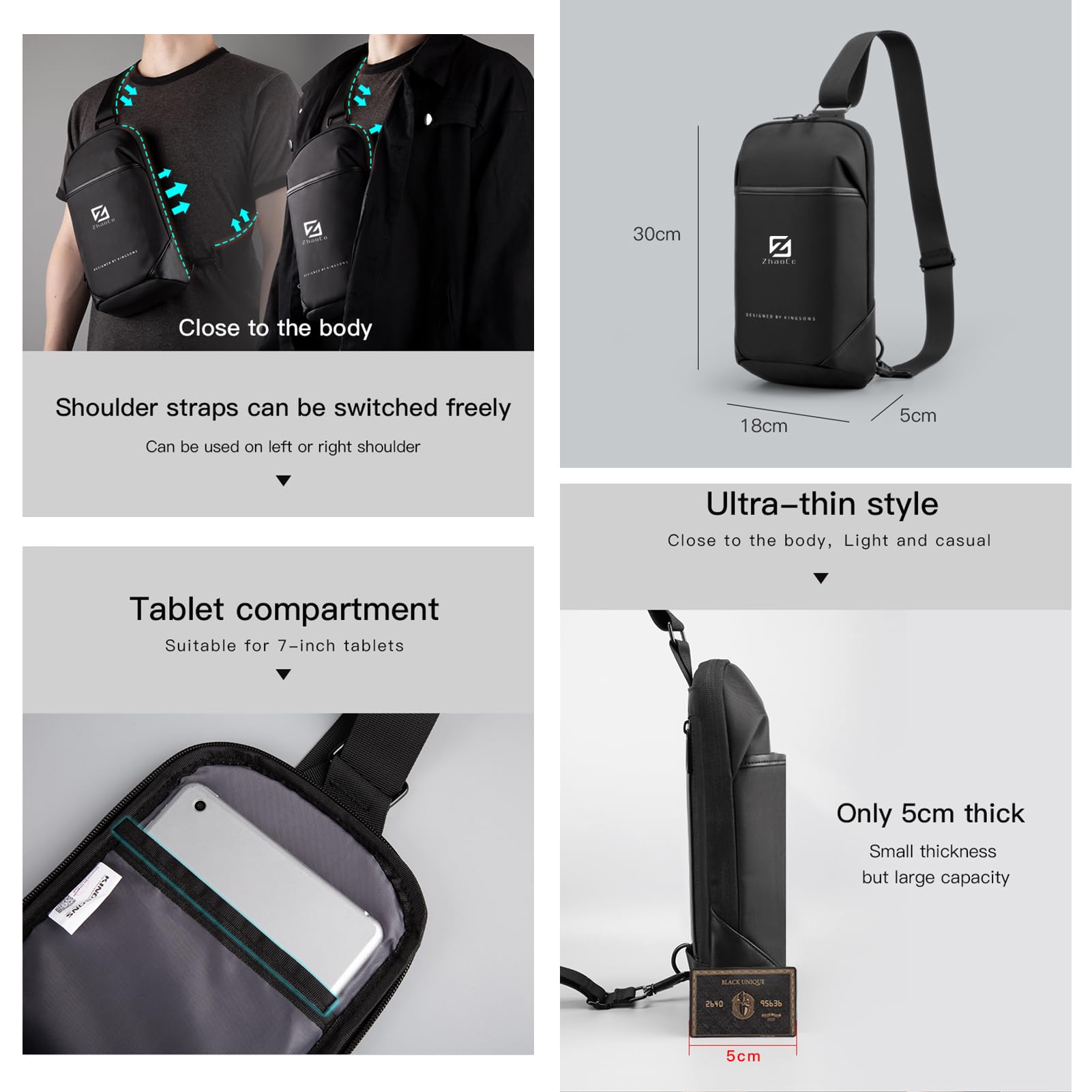ZhaoCo Lightweight Crossbody Sling Backpack for Men & Women - Multipurpose Chest Shoulder Bag for Travel, Cycling, Hiking, Work & Daily Use - Perfect for Commuting, Gym, School & Outdoor Activities - Black
