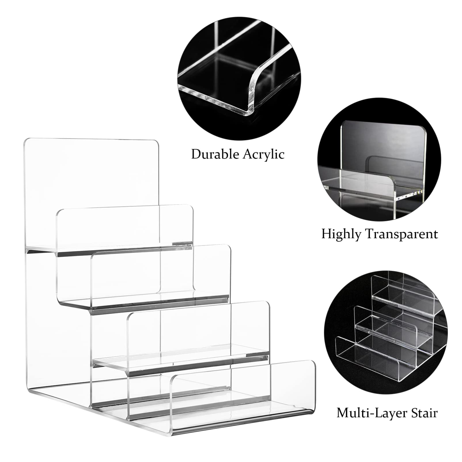 Cabilock Clear Acrylic Trapezoid Display Stand - 3-Tier Purse & Jewelry Organizer Shelf for Handbag Collection, Travel Accessories & Tabletop Retail Display - Perfect for Boutique, Closet Organization & Store Merchandising