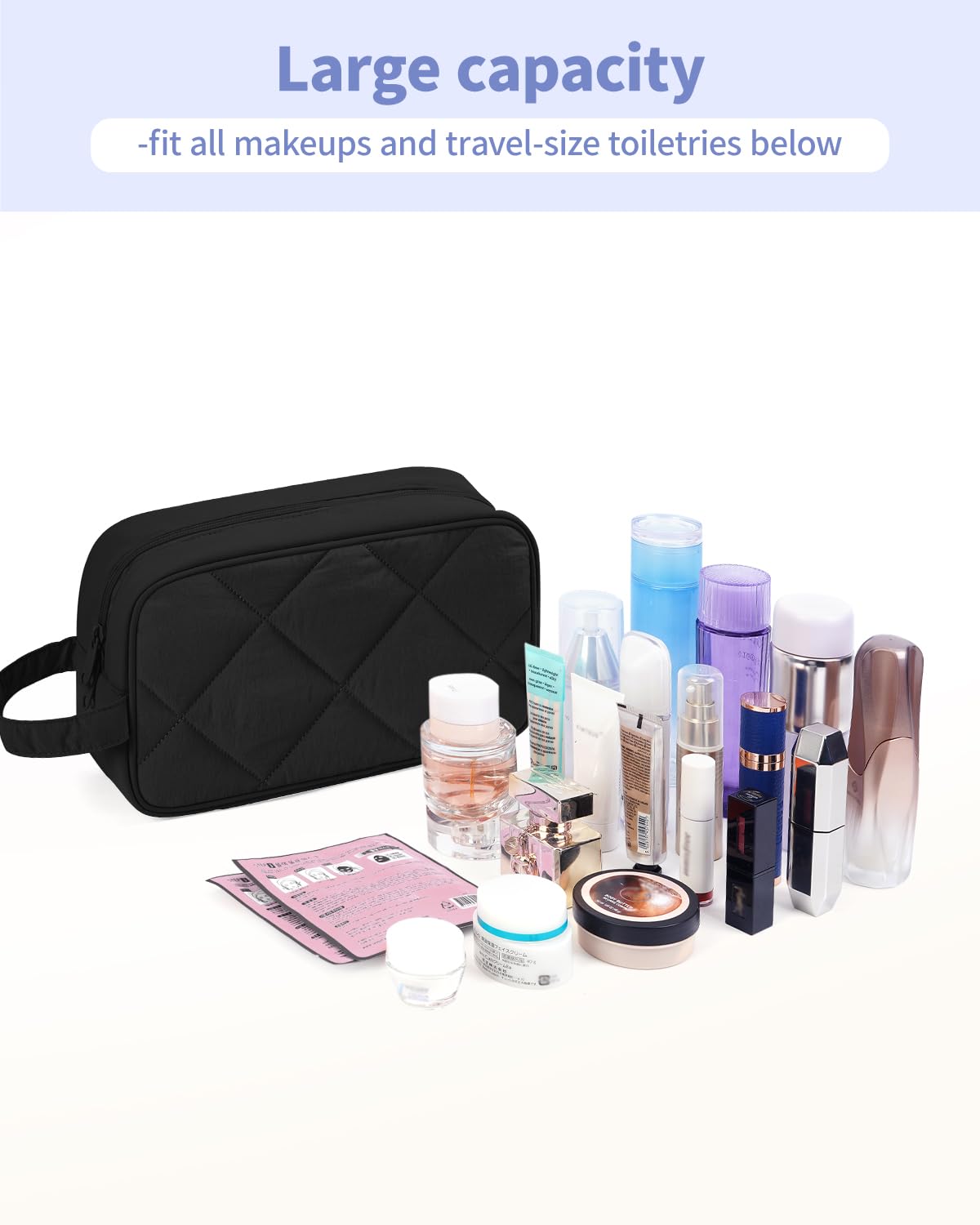 Narwey Quilted Travel Toiletry Bag for Women - Waterproof Cosmetic Makeup Organizer with Medicine Pocket, Perfect for Vacation, Gym, Business Trips & Weekend Getaways (Black)