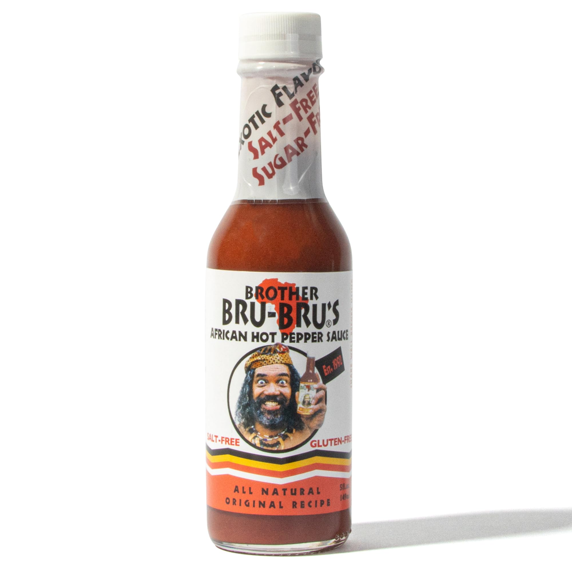 Brother Bru-Bru's African Habanero Hot Sauce - No Sodium, Salt Free, Sugar Free, Gluten Free, Vegan, Keto-Friendly - All Natural Pepper Sauce & Spice Seasoning - 5 oz Bottle - Perfect for Wings, Tacos, BBQ & Cooking