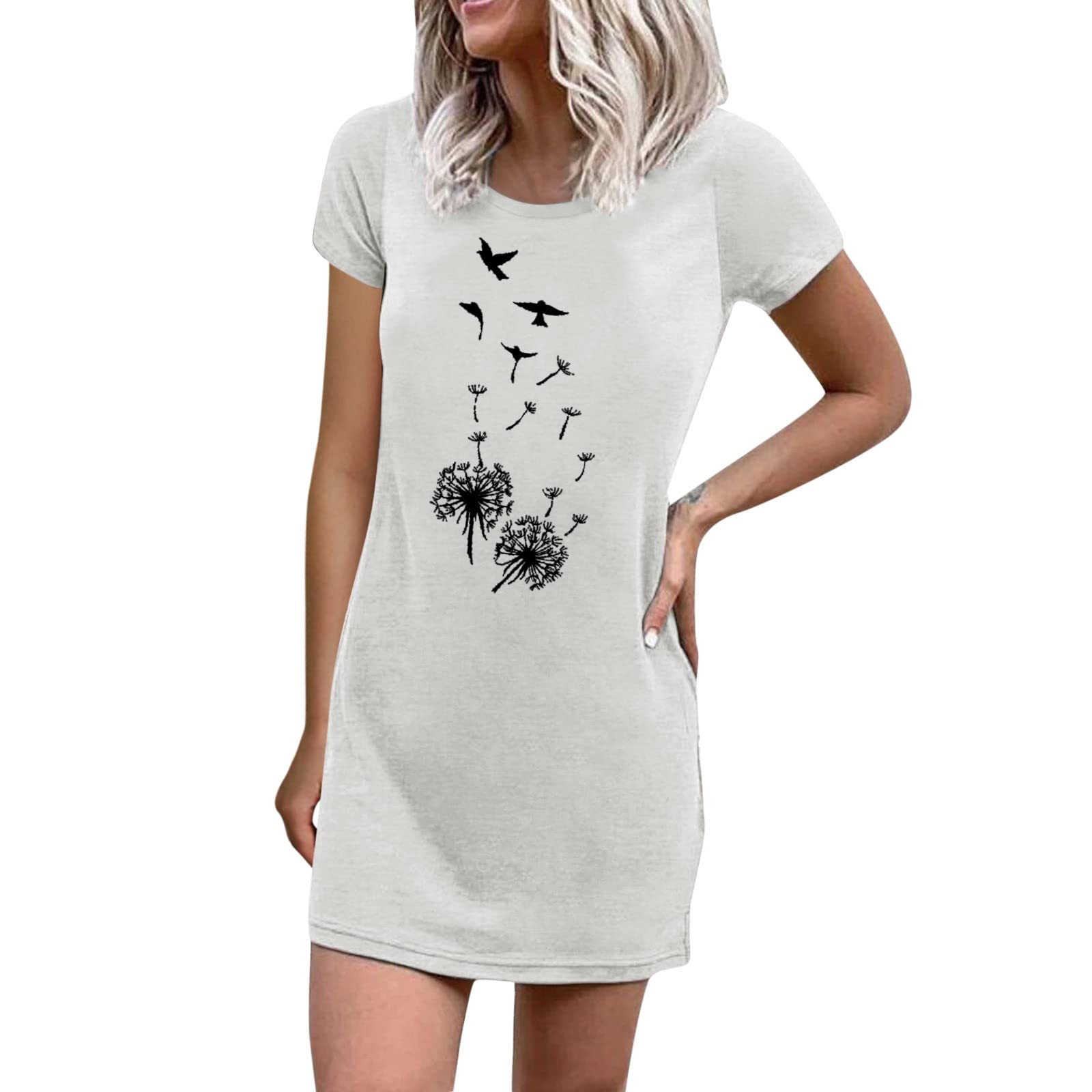 Women's Dandelion Print Crew Neck T-Shirt Dress - Summer Short Sleeve Loose Swing Tunic Top - Cute Casual Dress for Outing, Beach, Vacation & Daily Wear
