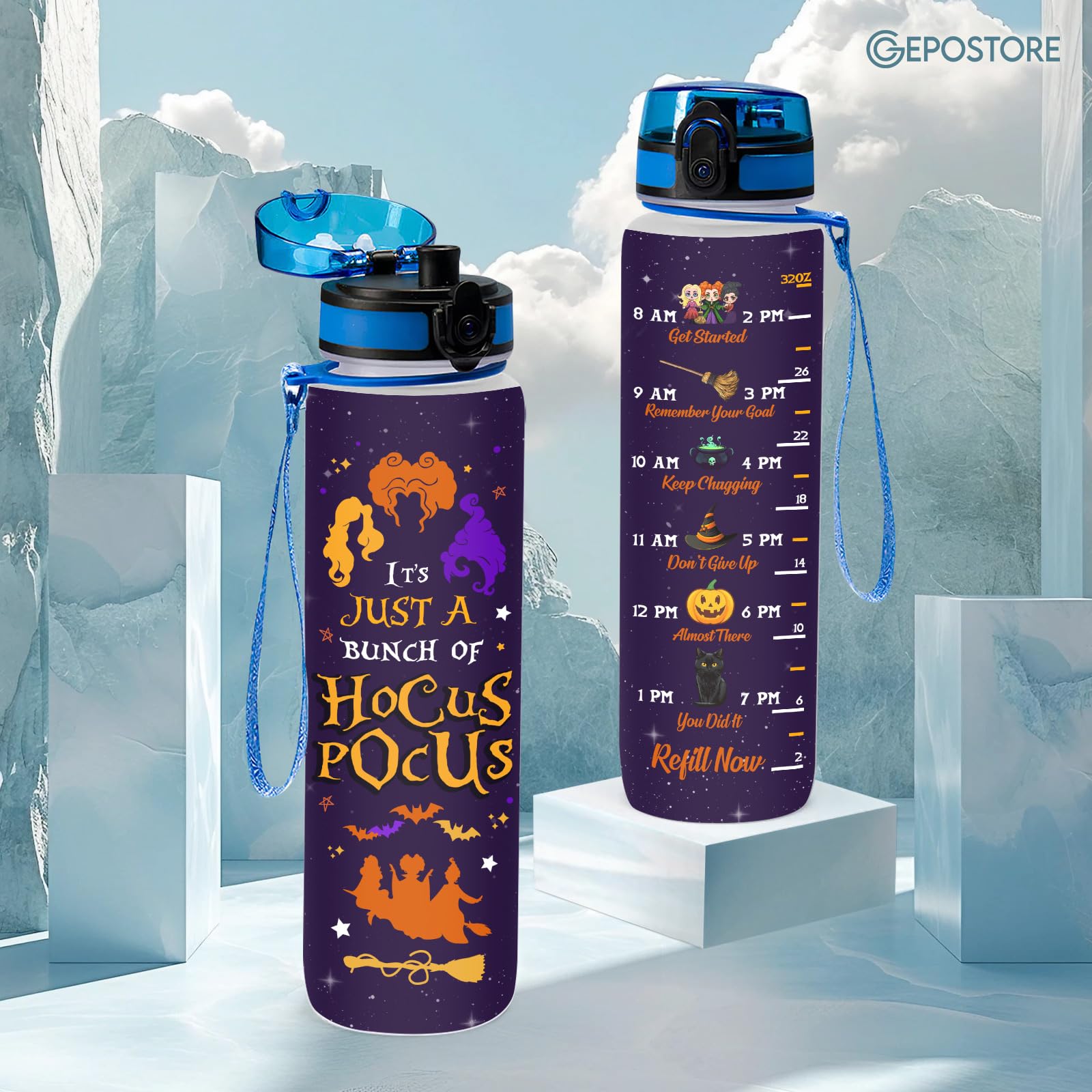 Hocus 32 Oz Insulated Water Bottle with Time Marker - Motivational Movie Character Design - Perfect for Gym, Hiking & Work - Great Gift for Movie Lovers