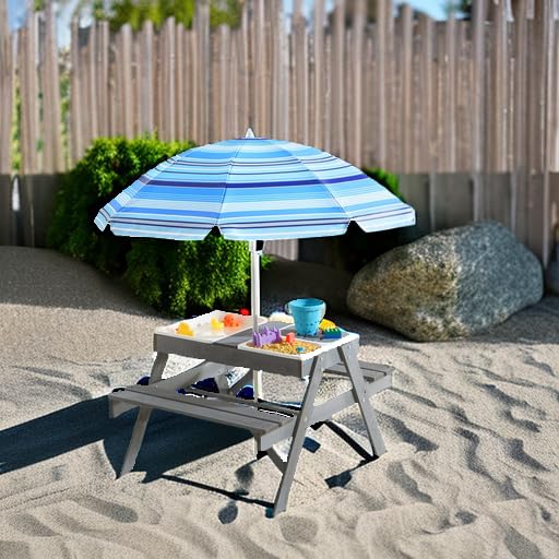 Beright 3-in-1 Adjustable Kids Picnic Table with Umbrella - Outdoor Wooden Sand & Water Sensory Play Table, Removable Tabletop & 3 Storage Bins - Perfect for Backyard, Patio, Park & Beach Playtime