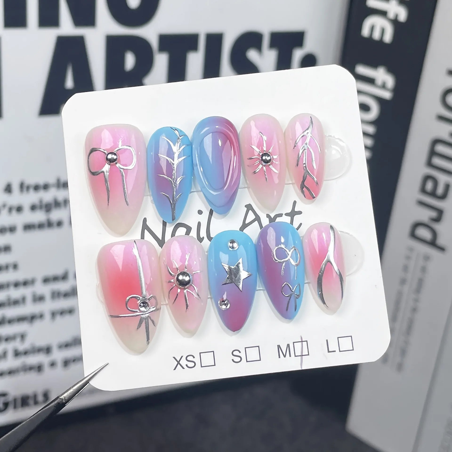 10Pcs Y2K Sweet Cool Almond Handmade Gel Press on Nails - 3D Blue False Nails with Metallic Bow Design & Glue | Acrylic Nail Tips for Parties, Weddings, Prom & Special Occasions