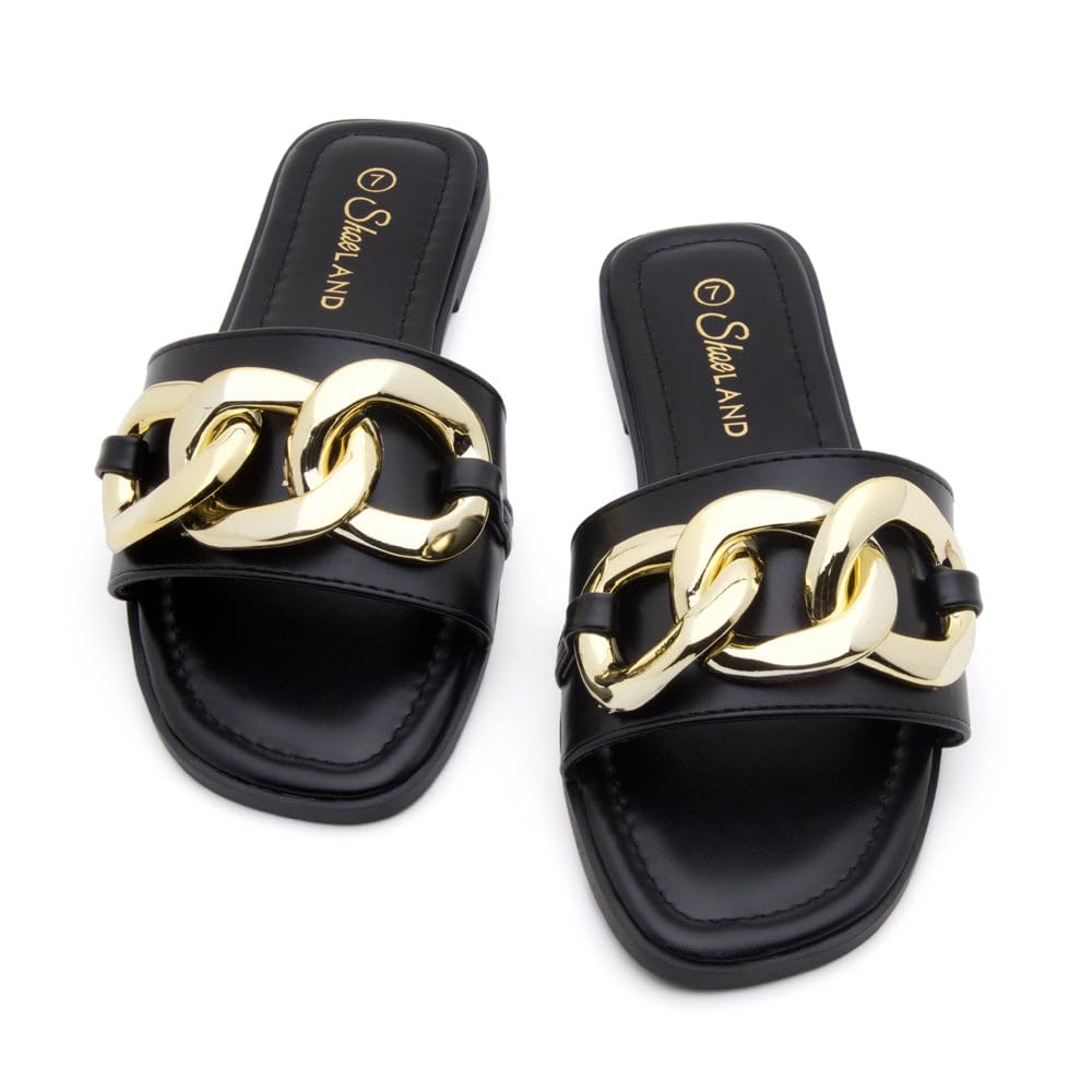 EMMA Women's Flat Sandals - Square Open Toe Slides with Metal Chain & Cushioned Footbed | Comfortable Slip-On Slippers for Summer, Beach, Casual Outfits & Daily Wear