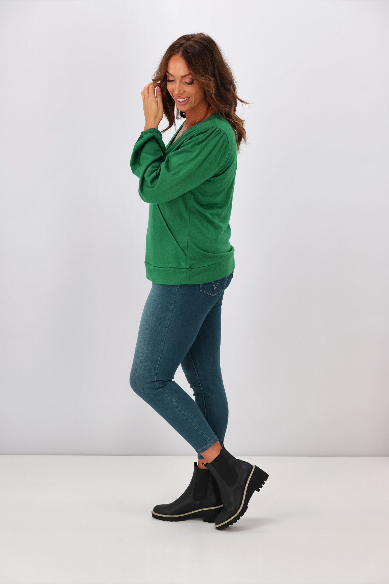 Alpine by Shine On Petra Crossover Merino Wool Top in Emerald Green - Soft & Warm Women's Winter Layering Piece for Hiking & Outdoor Activities
