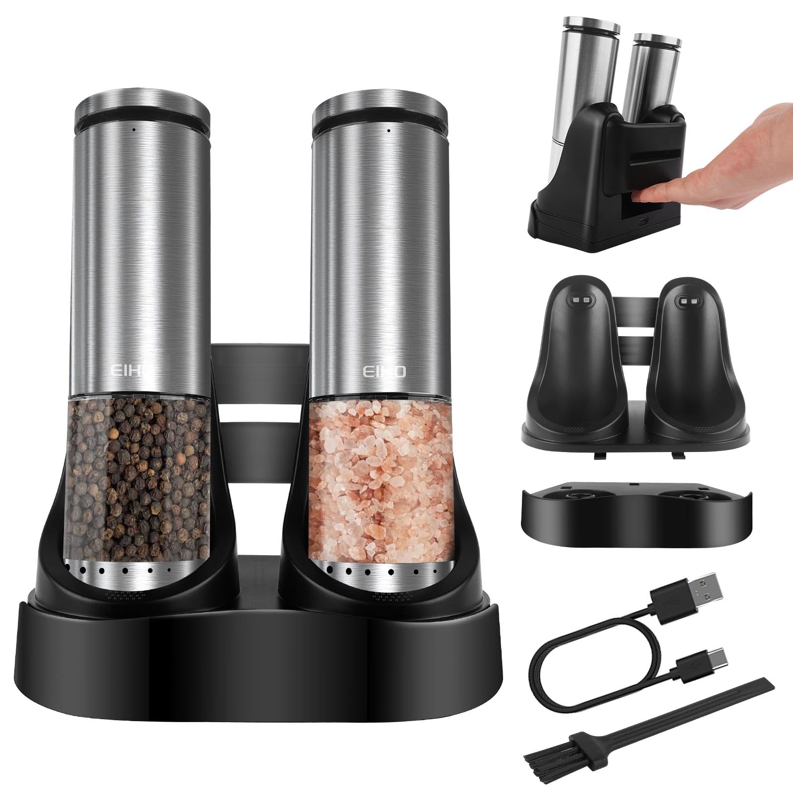 Premium Electric Salt and Pepper Grinder Set - USB Rechargeable, Adjustable Coarseness, Stainless Steel Automatic Mill with LED Light - Perfect for Kitchen, Dining & Housewarming Gifts