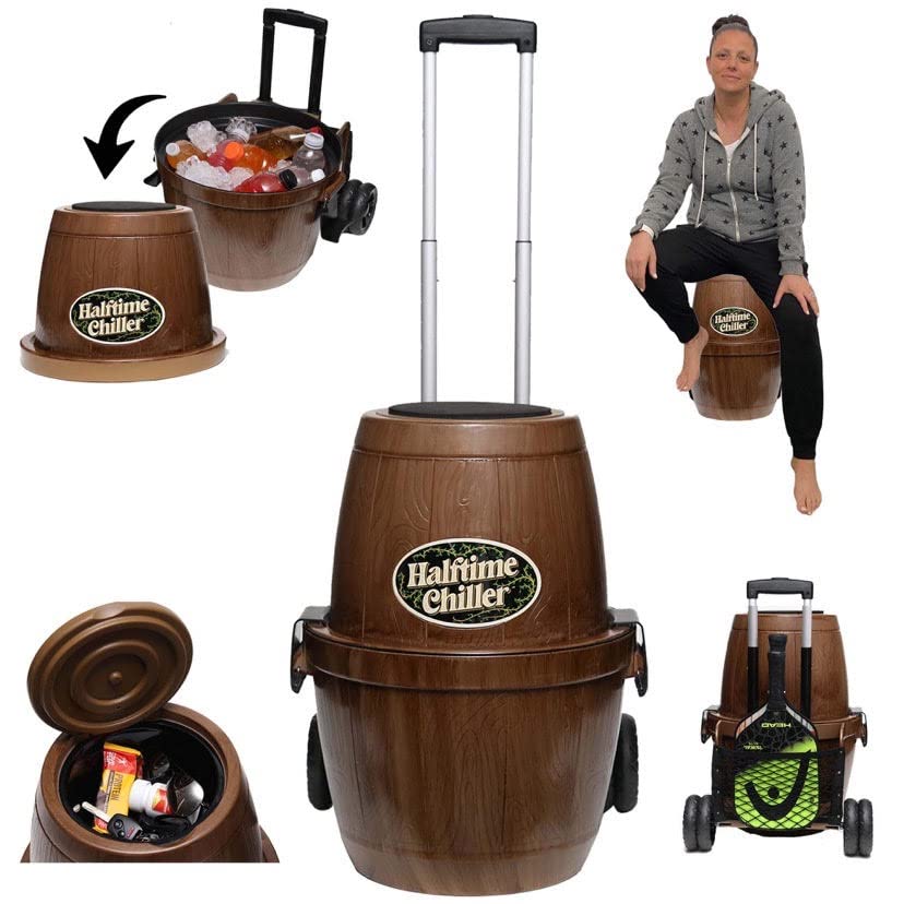Halftime Chiller Rolling Cooler - Portable Insulated Cooler with Built-in Storage Tray, Seat, Telescoping Handle & Exterior Pockets | Perfect for Tailgating, Camping, Beach Trips & Outdoor Events