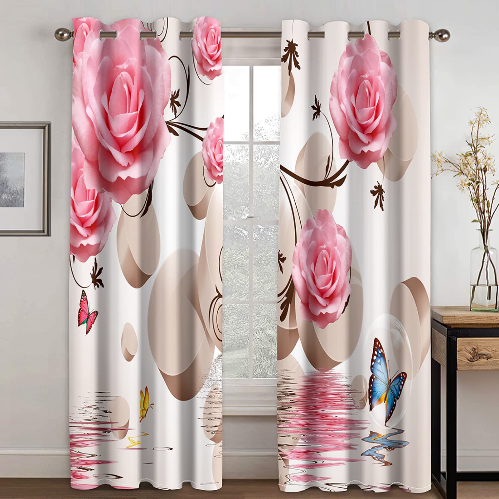 Pink Rose Blackout Curtains with 3D Flying Butterfly Print - Top Grommet Light Blocking & Noise Reducing Drapes - Set of 2 Panels (84