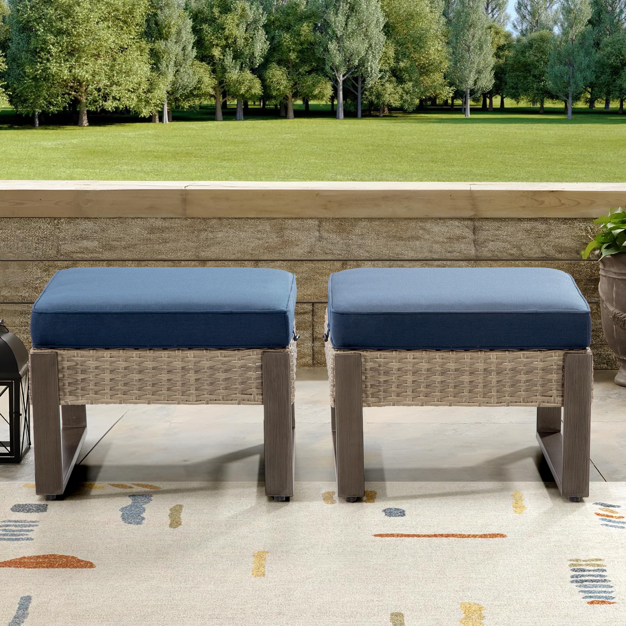 2-Piece Outdoor Patio Ottoman Set - All-Weather PE Rattan Footstools with Removable Cushions & Rust-Proof Steel Frame - Perfect for Garden, Backyard, Porch & Deck (Dark Blue) - Great for Relaxing, Entertaining & Outdoor Lounging