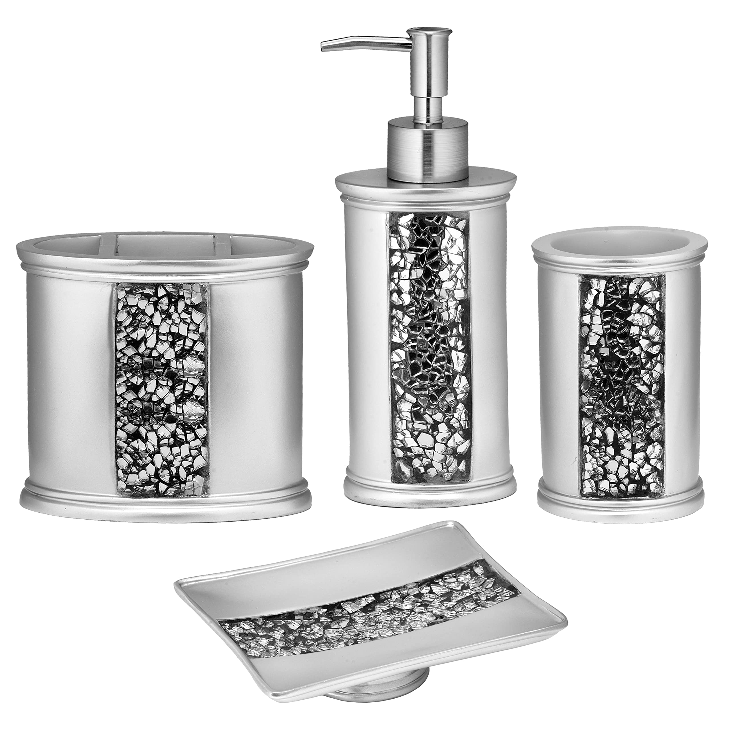 Zahari Home 4-Piece Stylish Bathroom Accessories Set - Glass Soap Dispenser, Toothbrush Holder, Tumbler & Soap Dish - Modern Luxury Decor for Bathroom Vanity, Guest Bath or Spa Retreat