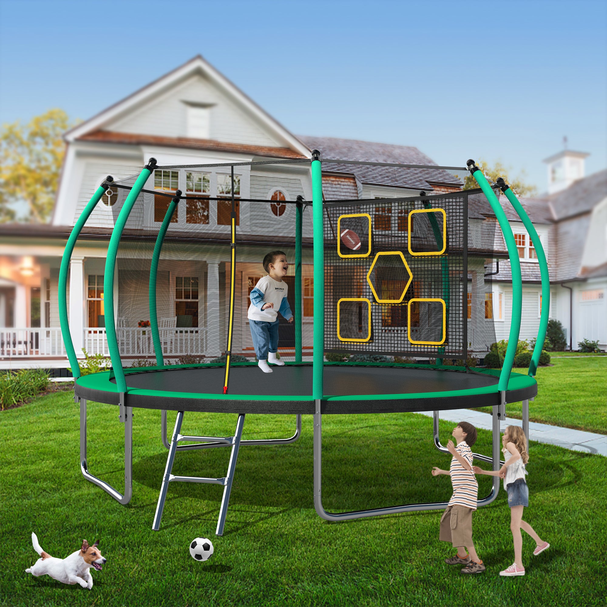 14FT Trampoline with Safety Enclosure & Ladder - ASTM Approved Outdoor Trampoline for Kids - Perfect for Backyard Fun, Exercise & Family Recreation