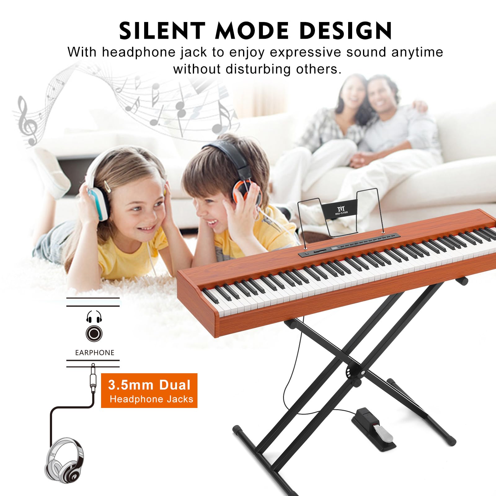 MUSTAR 88 Key Semi-Weighted Digital Piano for Beginners - Full Size Electric Keyboard with Stand, Built-in Speakers & Sustain Pedal - Brown | Home Studio, Music Practice, Live Performance