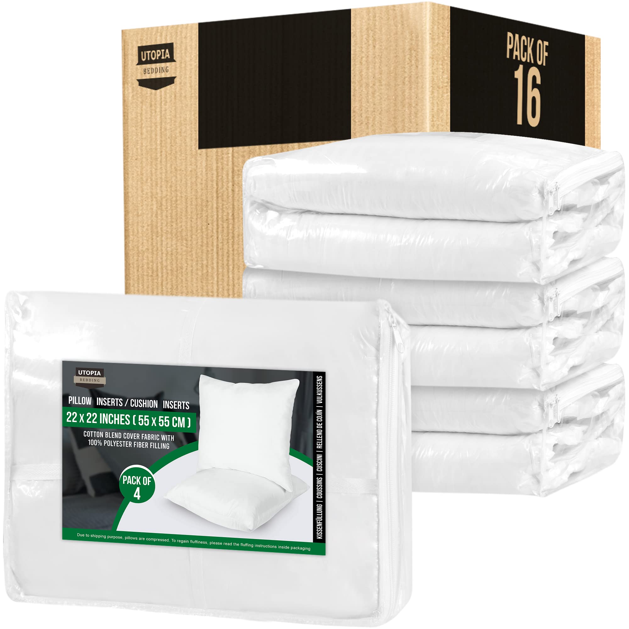 Utopia Bedding 16-Pack White Throw Pillow Inserts 22x22 Inches - Soft Decorative Couch & Bed Pillows for Living Room, Bedroom, and Home Decor