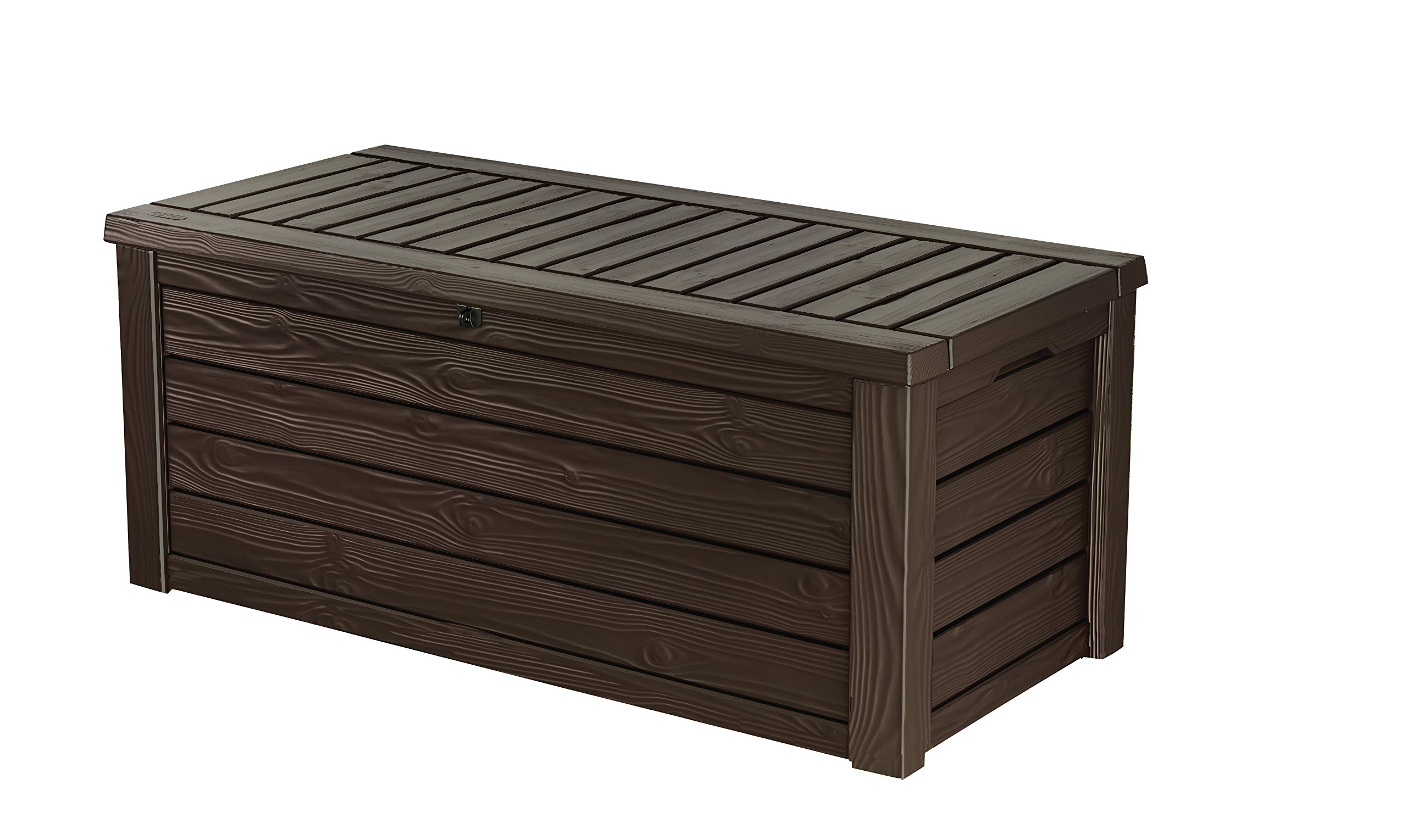 Keter 150 Gallon Outdoor Storage Deck Box with Seat - Wood Grain Brown Resin Patio Bin - Perfect for Backyard, Garden & Poolside Storage