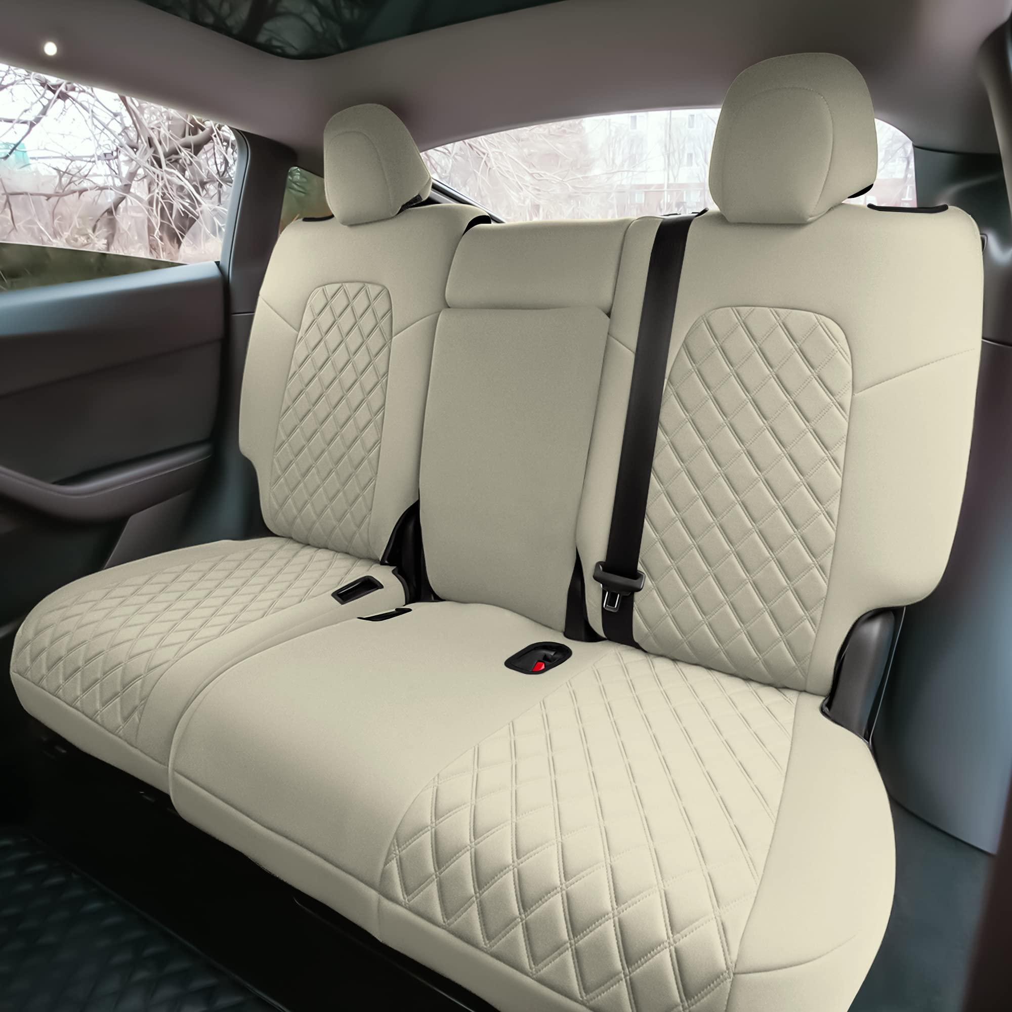 Custom Fit Waterproof Beige Seat Covers for Tesla Model Y (2020-2024) | Rear Seat Protection | Durable Automotive Interior Accessories | Perfect for Road Trips & Family Protection