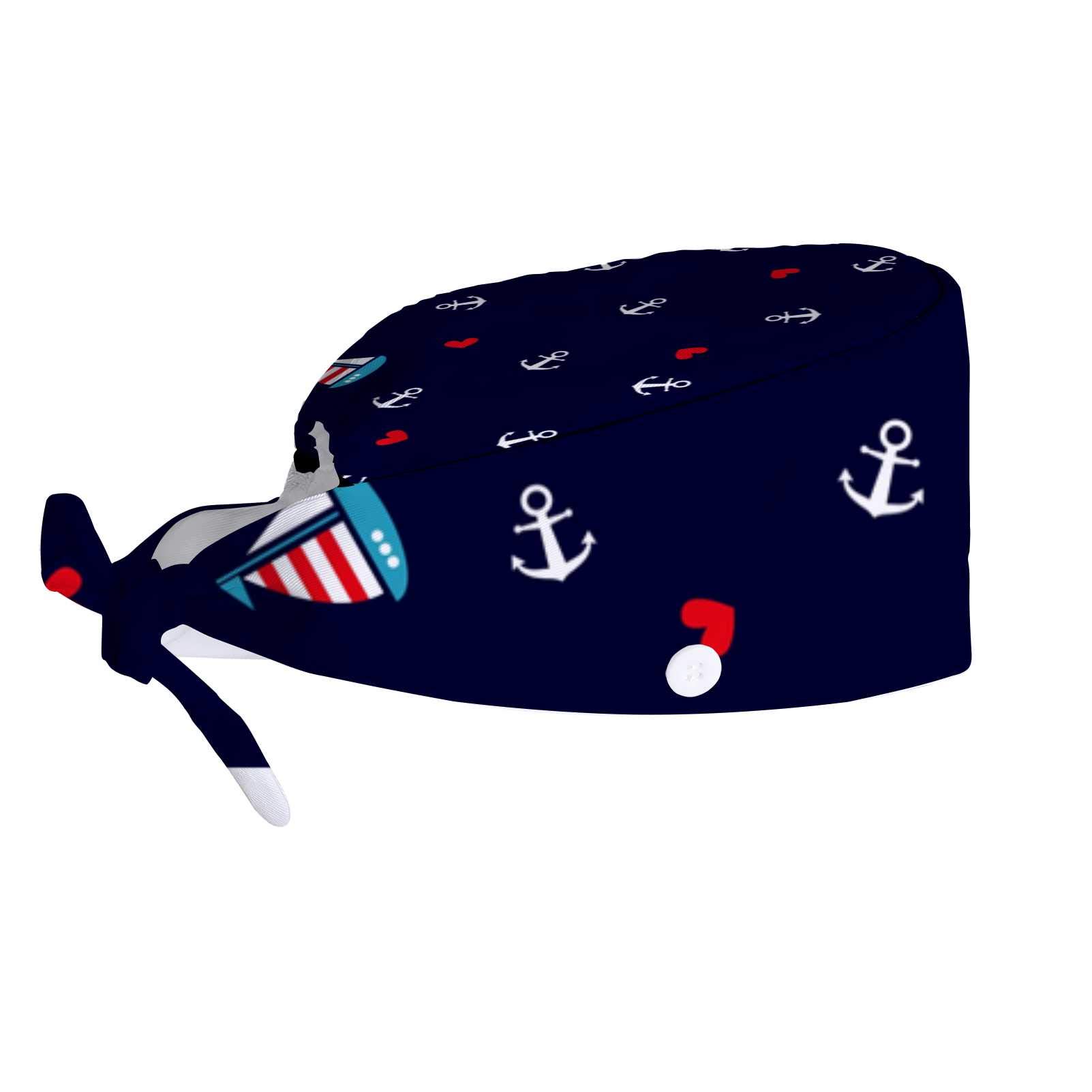 Adjustable Work Cap with Buttons & Sweatband - White Anchors Navy Design - Unisex Tie Back Hat for Women & Men - Perfect for Long Hair & Outdoor Work, Construction, Gardening & DIY Projects