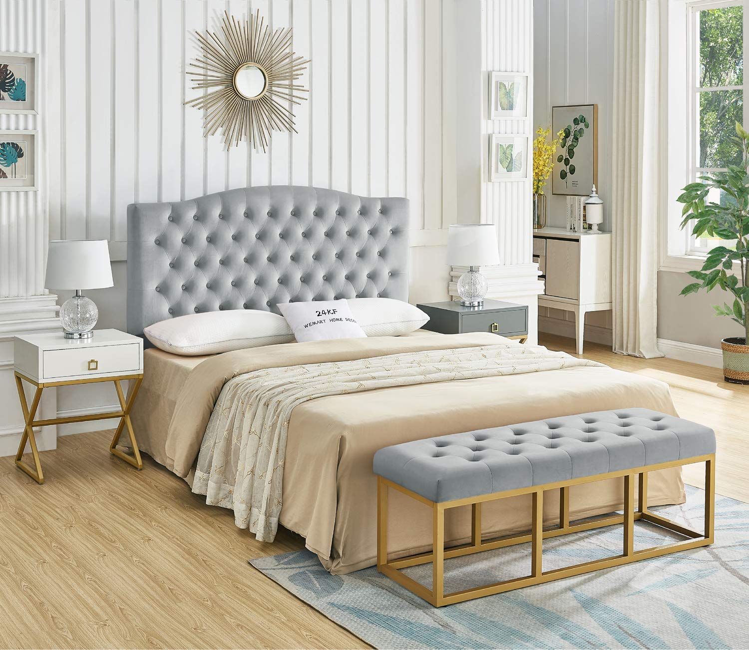 24K Gold Velvet Upholstered Tufted Button Queen Headboard - Luxurious Gray Fabric Bed Frame for Full/Queen Size Beds - Perfect for Modern Bedroom Decor and Hotel Style Master Suites