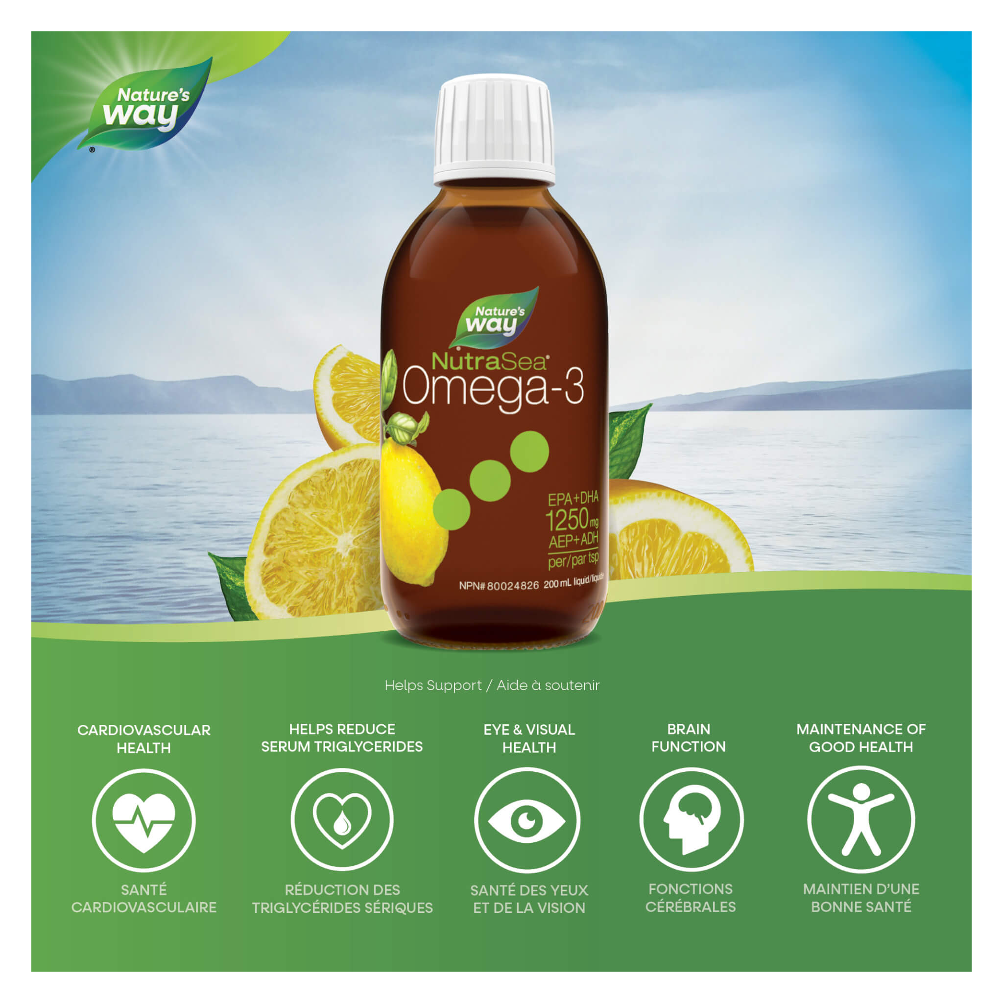 NutraSea Omega-3 Liquid Supplement - Zesty Lemon Flavor, 200mL for Heart & Brain Health - Supports Immune System, Great for Smoothies & Daily Wellness