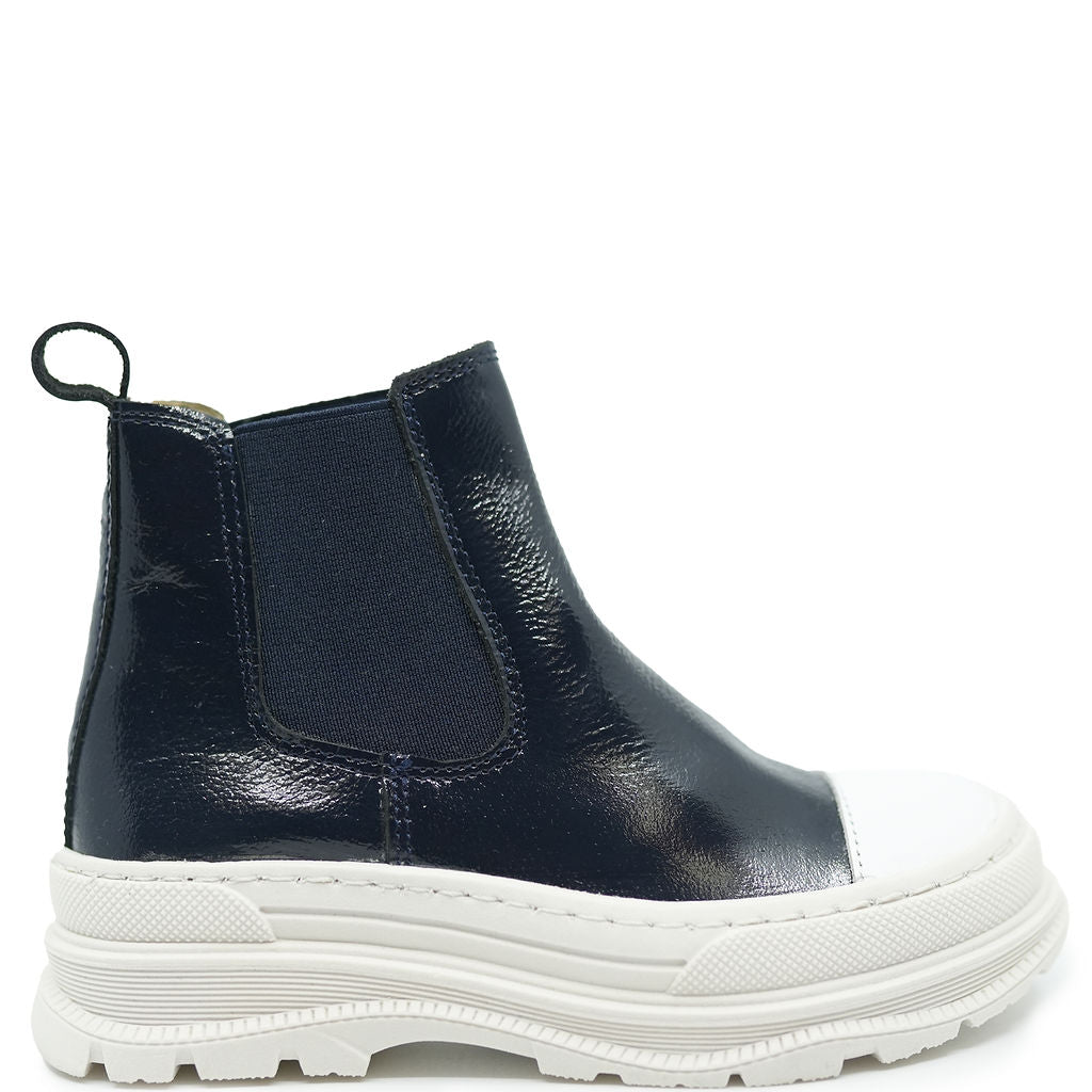 Blublonc Navy Patent Leather Slip On Sneaker Boots for Women - Waterproof Chelsea Ankle Booties for Casual Wear, Work & Outdoor Activities