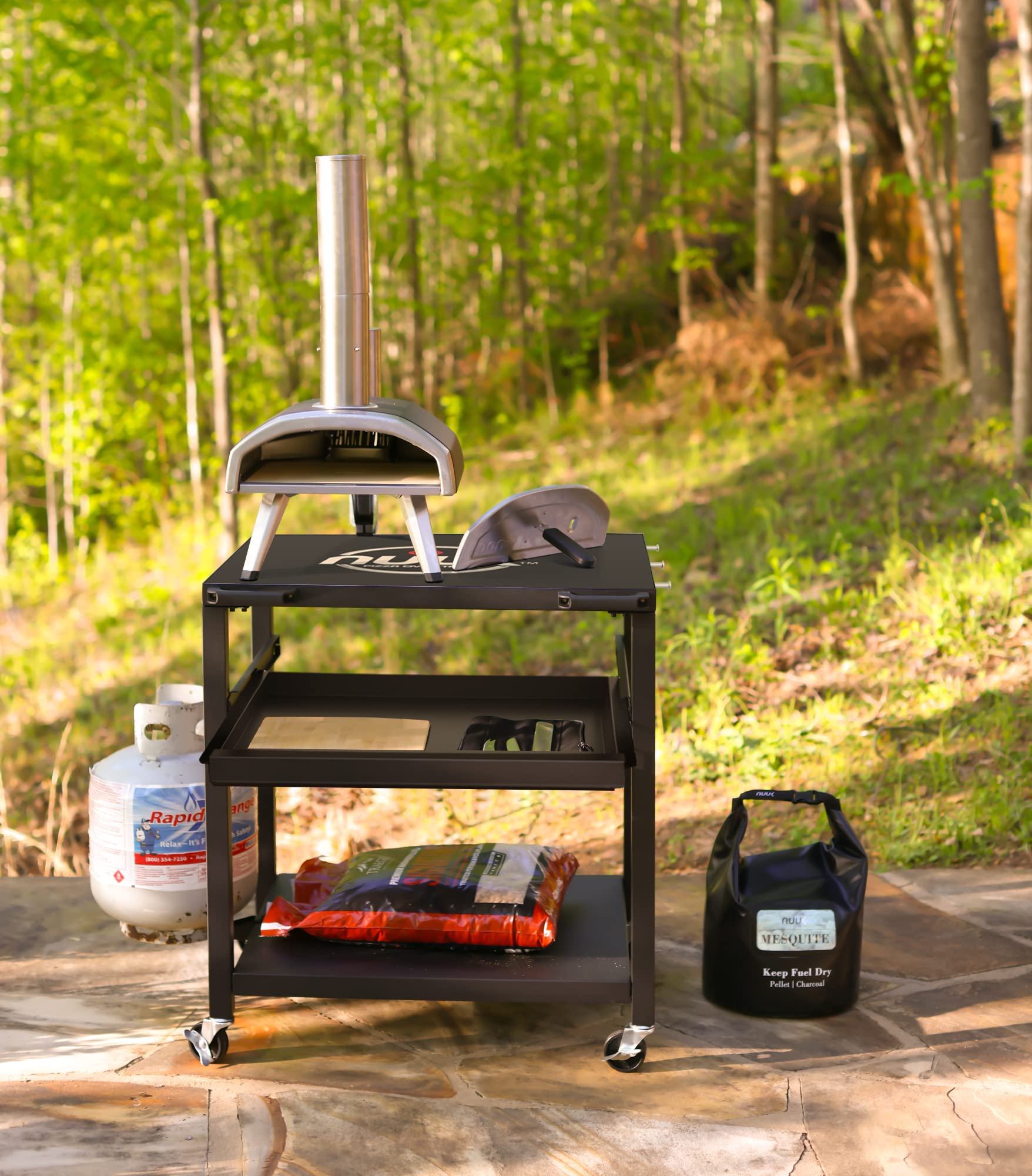 NUUK Heavy Duty 3-Shelf Rolling Outdoor Pizza Oven Table - 24x30 Inch Steel Commercial Food Prep Cart with Drawer & Wheels - Perfect for BBQ, Camping, Patio, Picnic & Outdoor Cooking