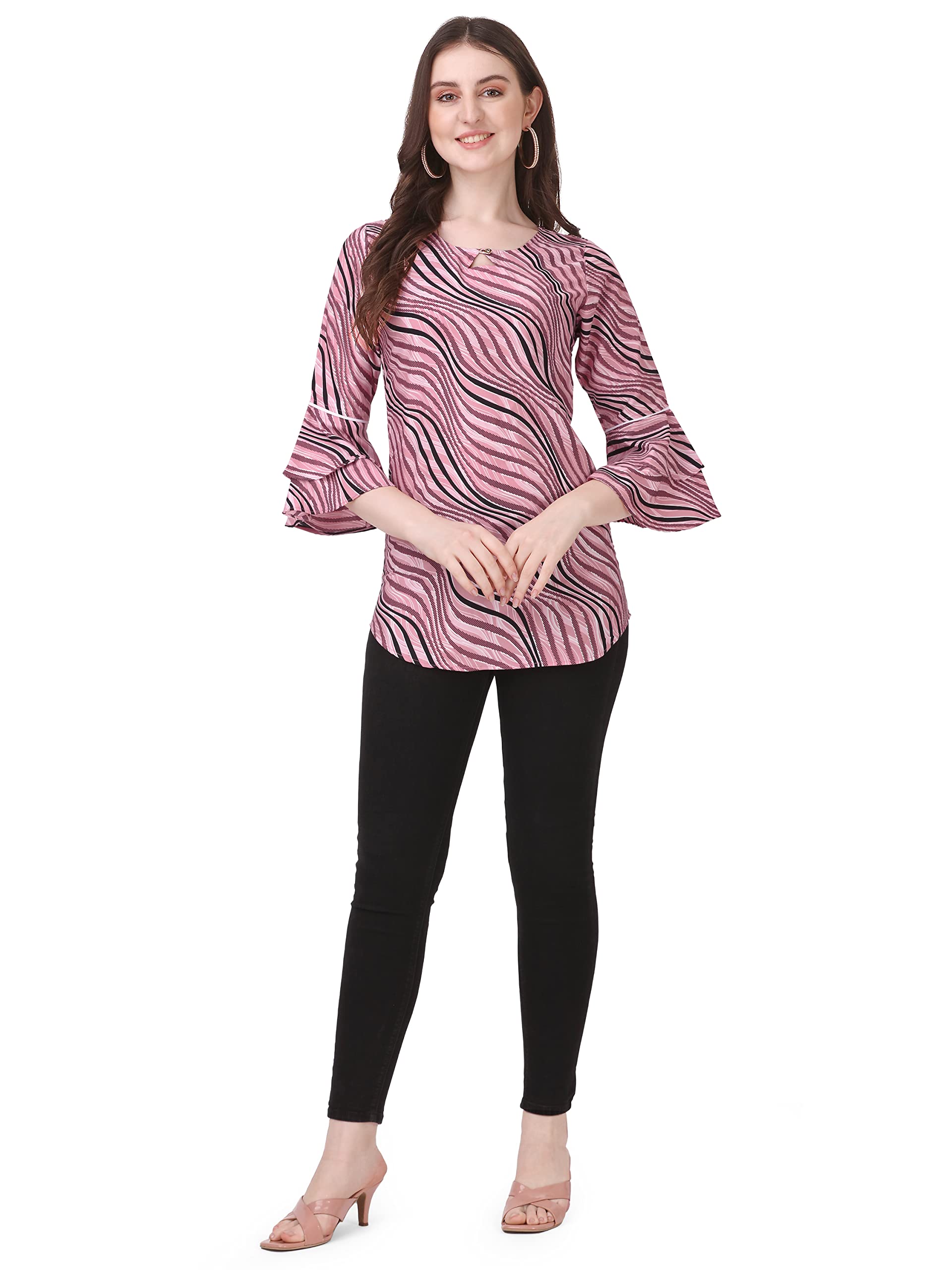 ZELZIS Women's Crepe Stripe Printed Peach Tunic Top - Casual Blouse for Work, Date Night & Spring Outfits