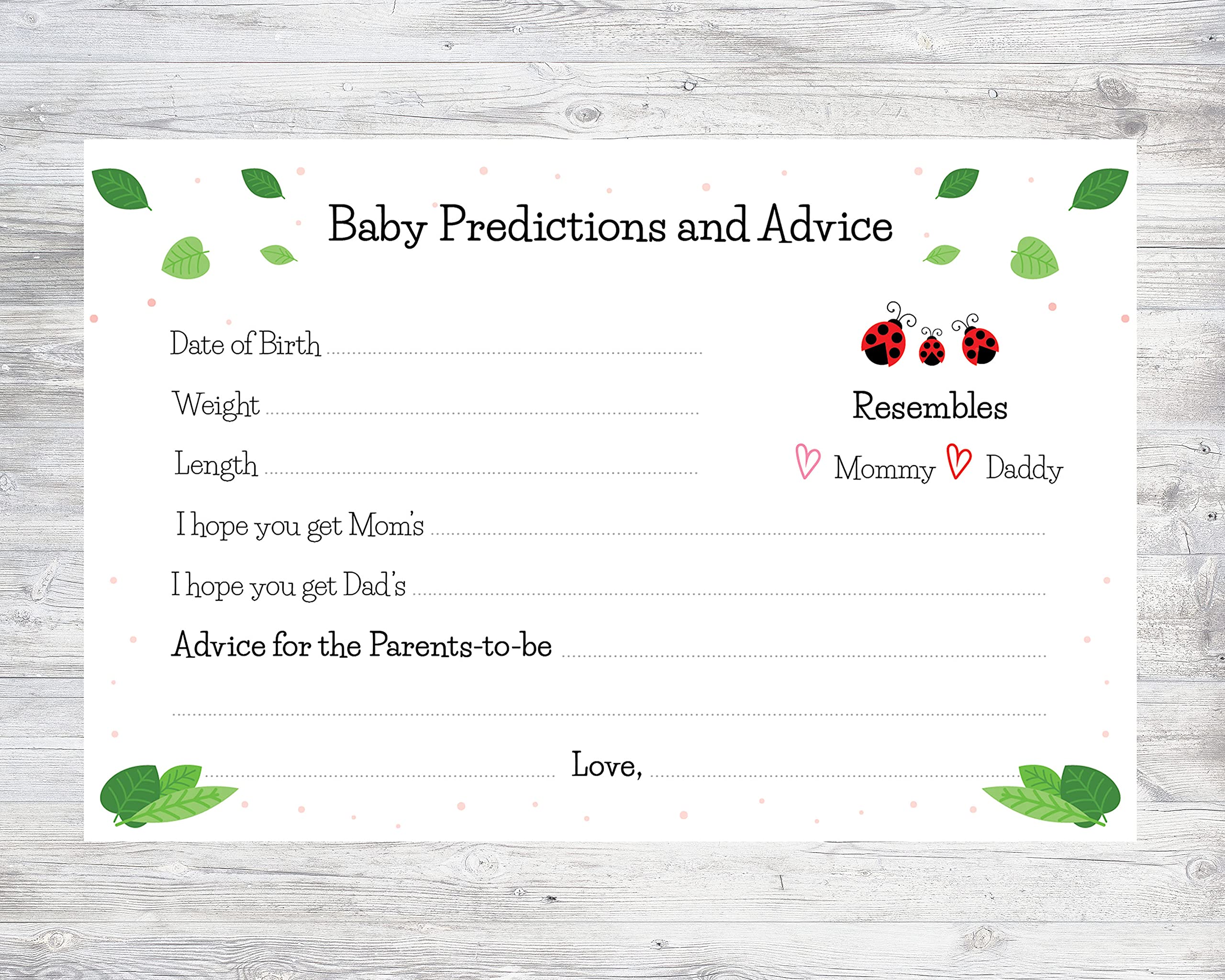 Ladybug Baby Shower Cards - 24 Count Predictions & Advice Cards in Red, Black, White & Green | Gender Reveal Party Favors & Newborn Wishes