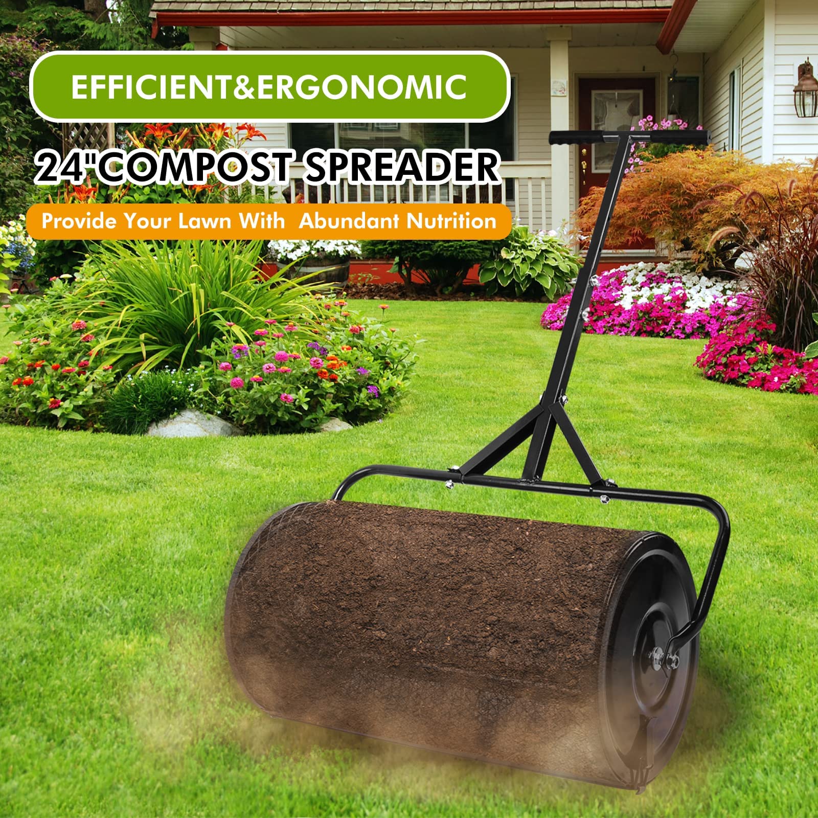 24 Inch Peat Moss Spreader, Durable Metal Mesh Basket Compost Spreader with Adjustable Long Handle, Lightweight for Top Dressing Compost, Dirt, Mulch - Perfect for Gardening, Lawn Care, and Landscaping