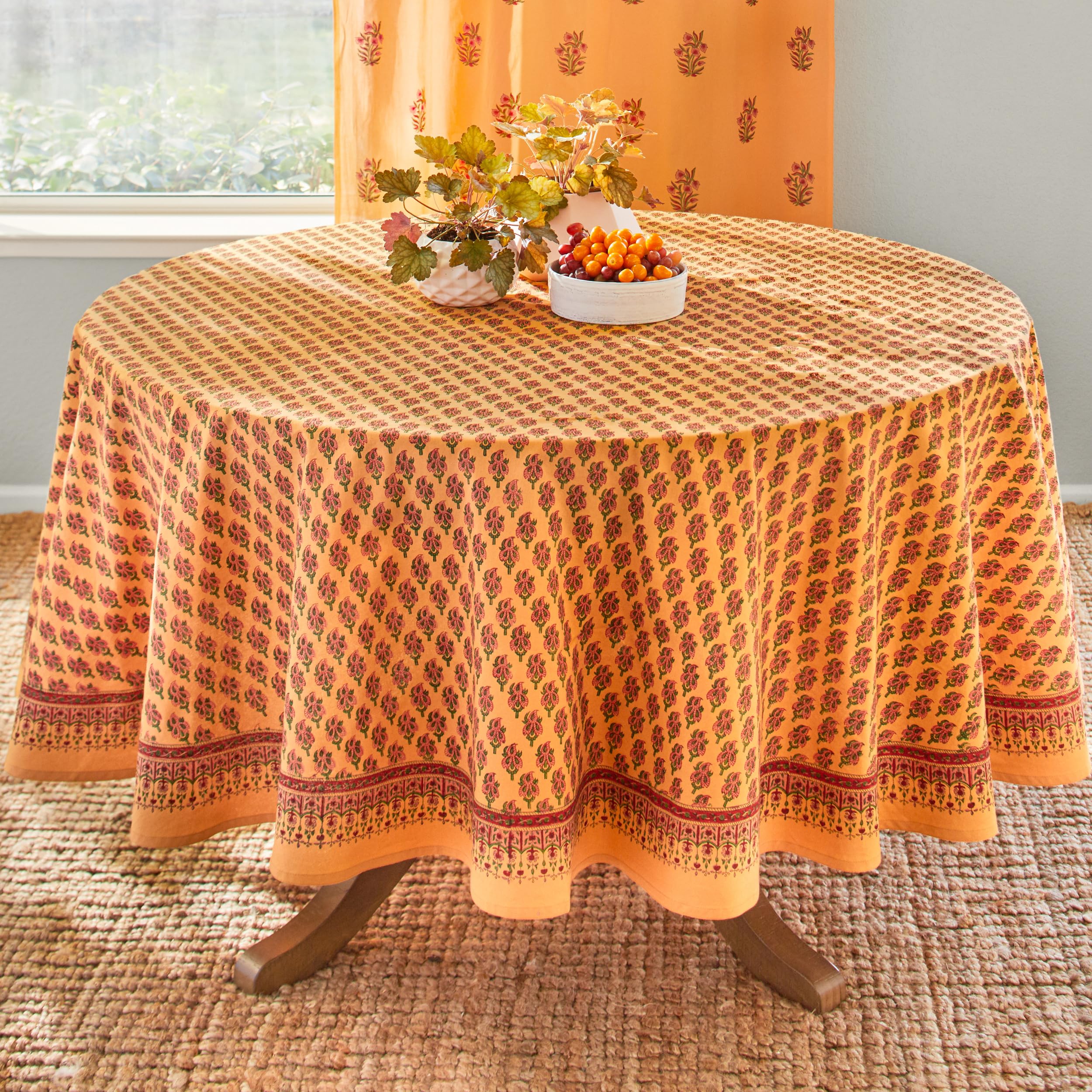 Round Hand Block Printed Tablecloth - Orange Indian Summer 100% Cotton Washable Table Cover for Kitchen, Dining & Coffee Table (70 Inch) | Perfect for Home Decor, Parties & Outdoor Gatherings