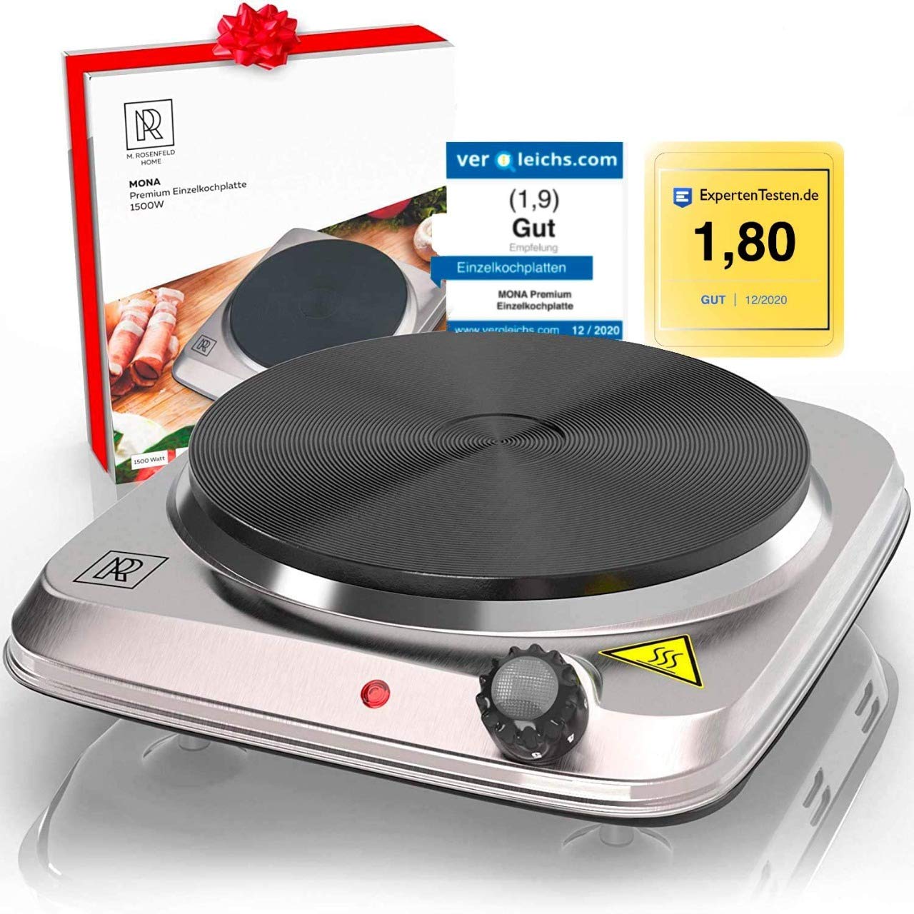 1500W Portable Electric Stove - Single Burner Induction Cooktop with 180mm Stainless Steel Plate, Overheat Protection & Thermostat | Extra Long Power Cord | Perfect for Dorm Rooms, Camping & Small Kitchens