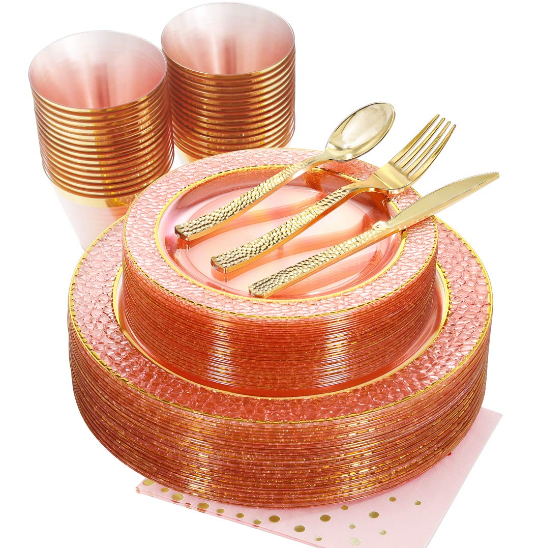 NERVURE 175-Piece Pink Gold Rim Disposable Plastic Tableware Set - 25 Dinner Plates, Dessert Plates, Forks, Knives, Spoons, Cups & Napkins - Perfect for Parties, Weddings, Picnics & Events