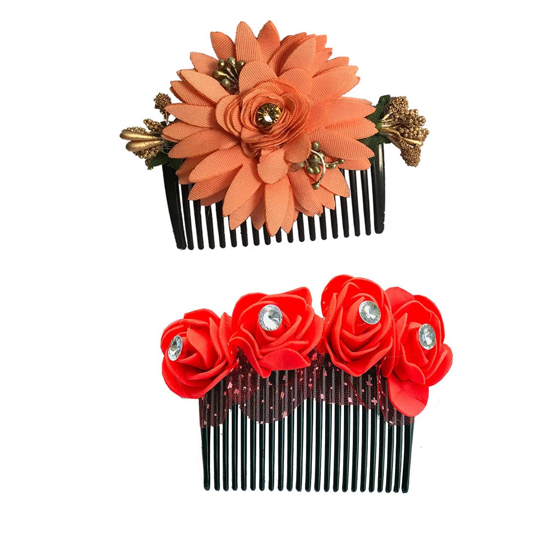 GadinFashion™ Women's Floral Hair Clips - 2 Pack Orange & Red Bridal Hair Accessories for Weddings, Parties & Special Occasions | Elegant Side Comb Design for Women & Girls