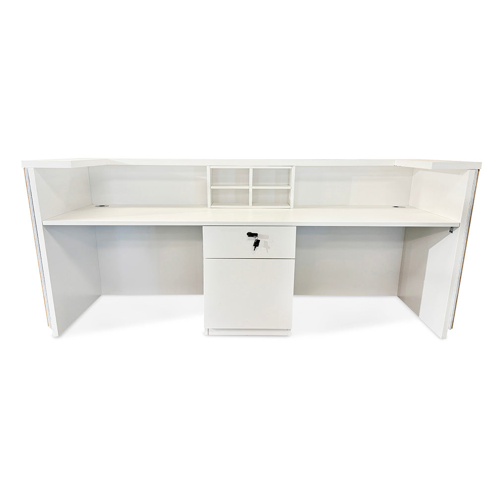 KENTO 240cm Modern Reception Desk - Timber Slat Acoustic Panel Design in White & Oak Finish - Perfect for Office Lobby, Hotel Front Desk, and Corporate Waiting Areas