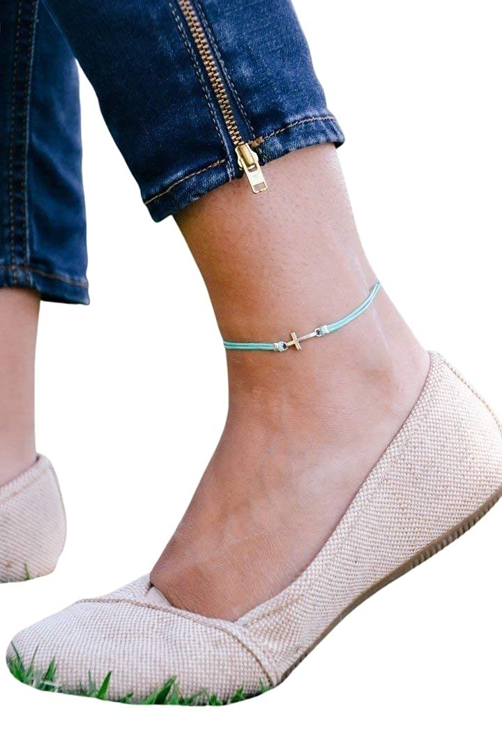 Silver Cross Anklet - Christian Catholic Ankle Bracelet with Turquoise Cord, Religious Jewelry Gift for Her, Bridesmaids, Baptism & Wedding