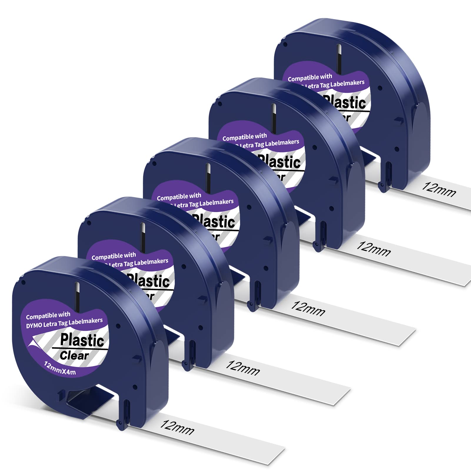 5-Pack Clear Plastic Label Maker Refills for Dymo Letratag - 12mm x 4m Compatible with Dymo LT100T, LT100H & QX50 Label Makers - Perfect for Office Organization, Shipping Labels & Home Storage