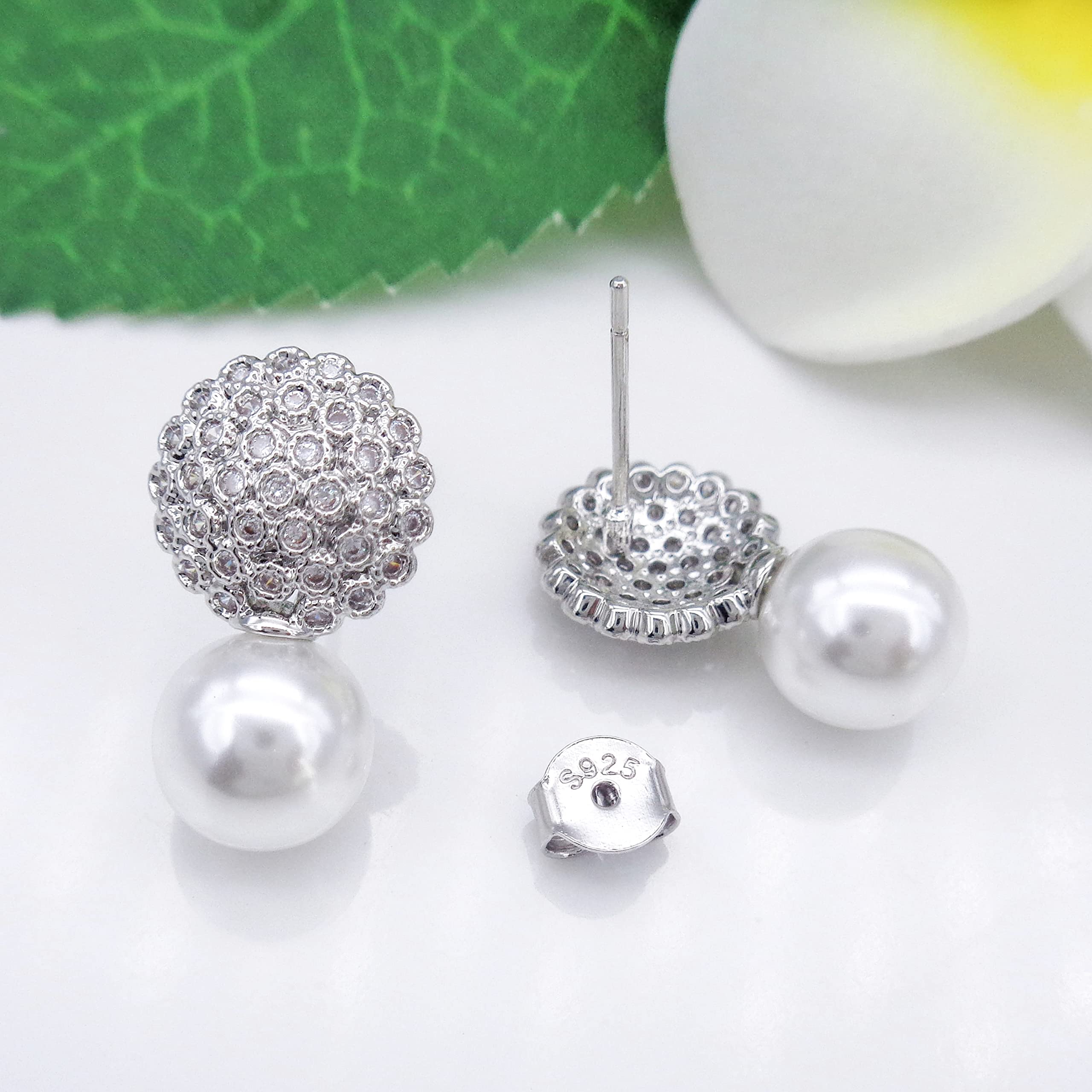 925 Sterling Silver Pearl Stud Earrings for Women - Zirconia & White Gold Plated Fashion Jewelry Gifts (WK90119) | Elegant Everyday Wear & Special Occasion Accessories