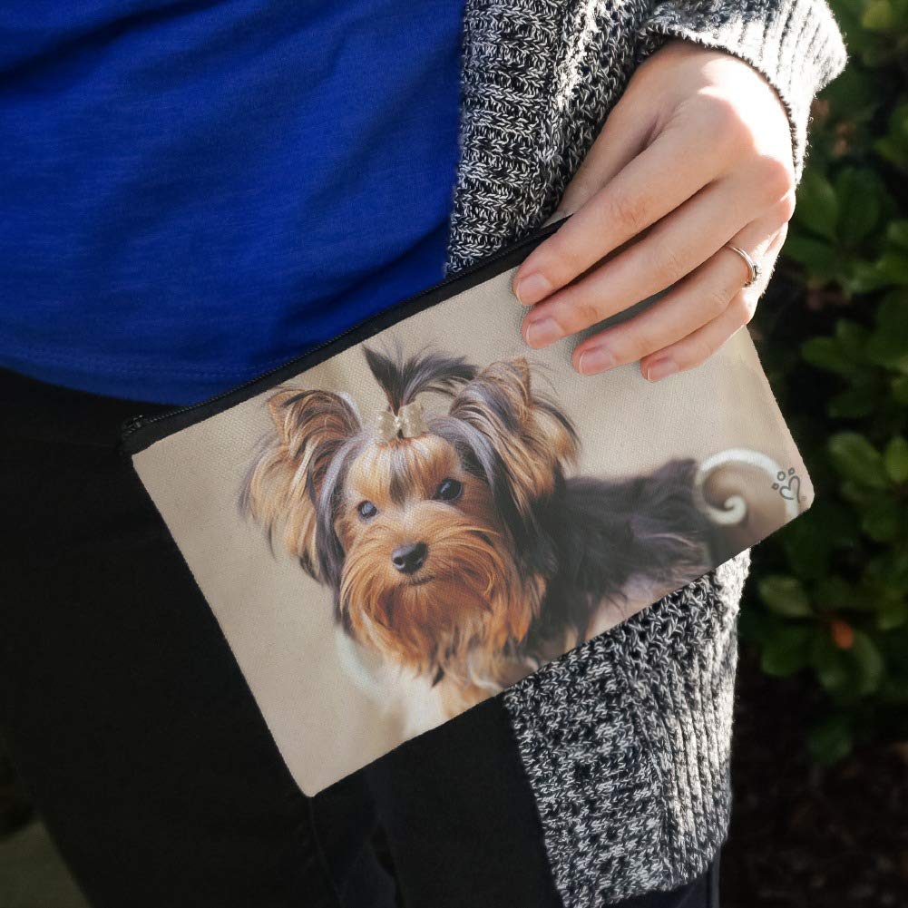 Yorkie Yorkshire Terrier Puppy Dog Makeup Bag - Cute Satin Cosmetic Pouch with Bow for Travel, Gym & Daily Essentials Organization