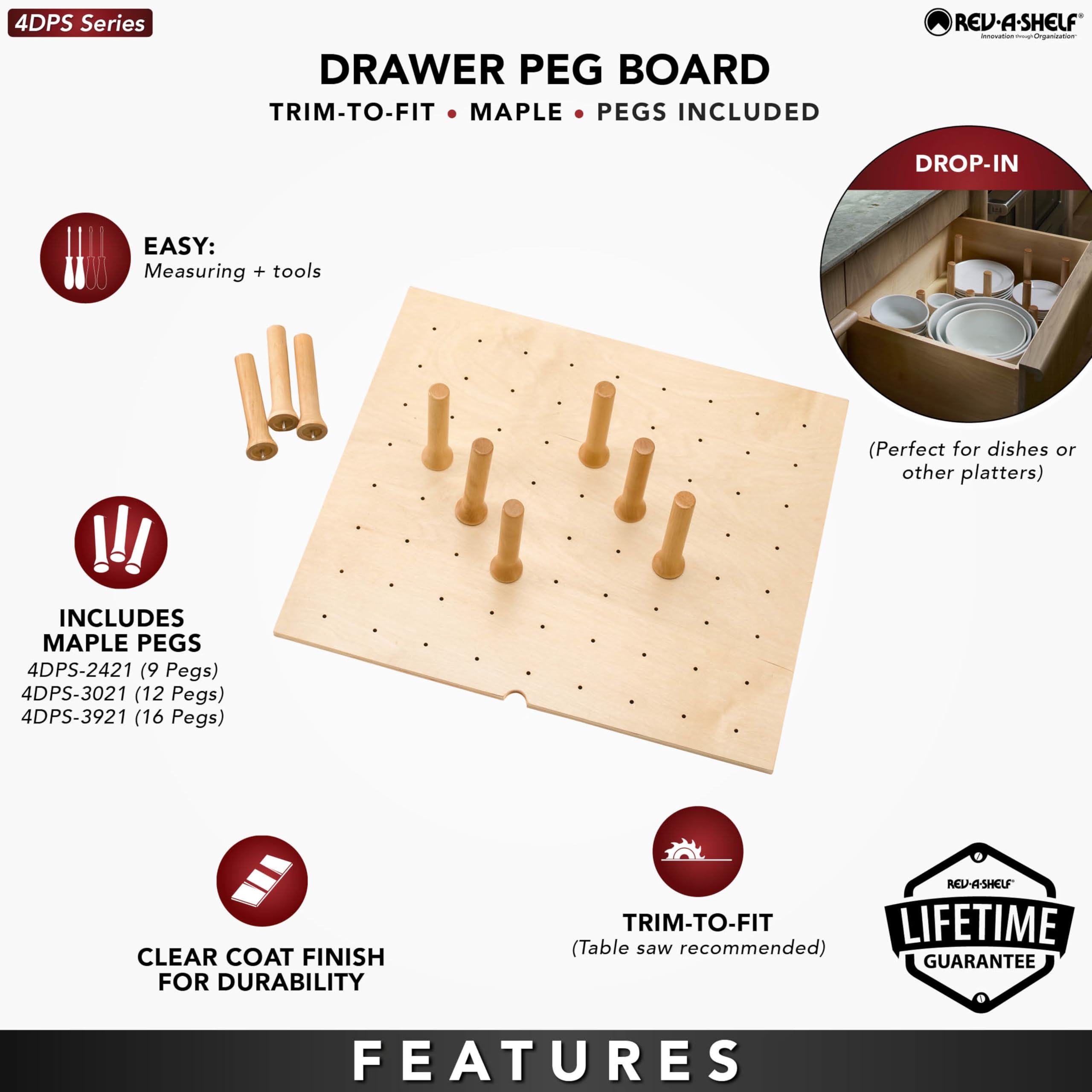 Rev-A-Shelf Pegboard Drawer Organizer - Adjustable Wooden Kitchen Cabinet Storage for Utensils, Pots & Dishes - 39