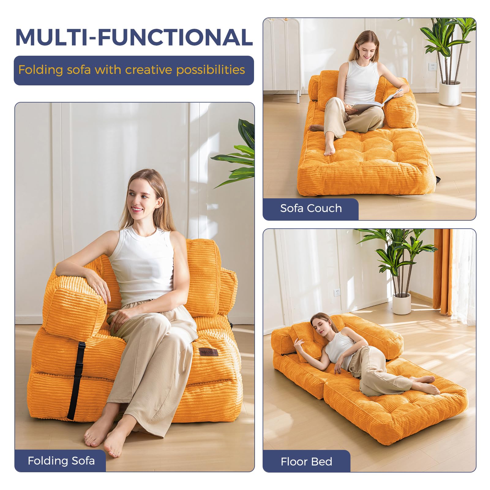 MAXYOYO L-Shaped Convertible Sofa Bed - Foldable Sleeper Sofa with Armrests in Orange | Space-Saving Furniture for Small Apartments, Guest Rooms & Home Offices