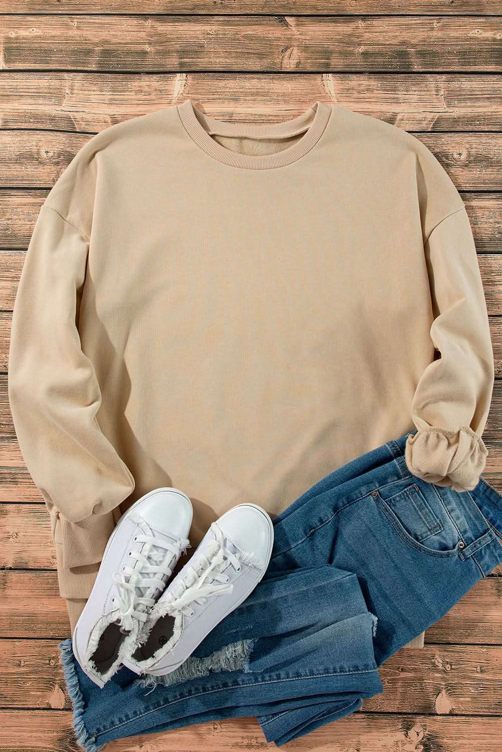 Apricot Solid Fleece Lined Drop Shoulder High Low Sweatshirt for Women - Cozy Oversized Pullover for Casual Wear, Street Style & Loungewear
