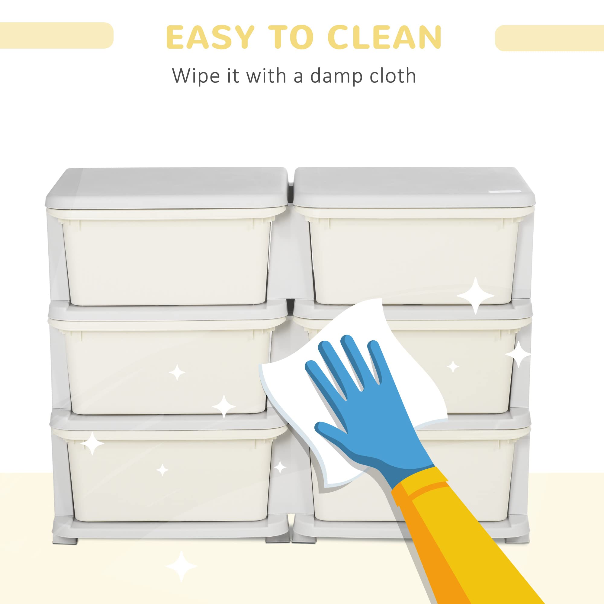 Qaba 3-Tier Kids Storage Unit with 6 Drawers - Toy Organizer with Plastic Bins for Nursery, Bedroom & Playroom - Space-Saving Kids Furniture for Boys & Girls (Cream) | Perfect for Organizing Toys, Books & Clothes in Toddler Rooms & Kindergarten Classrooms