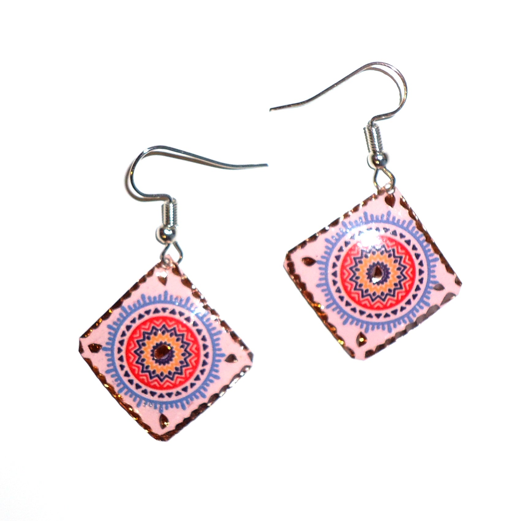 Handmade Etched Copper Geometric Earrings with Pink Diamonds - Elegant Boho Jewelry for Women, Perfect for Parties & Date Nights