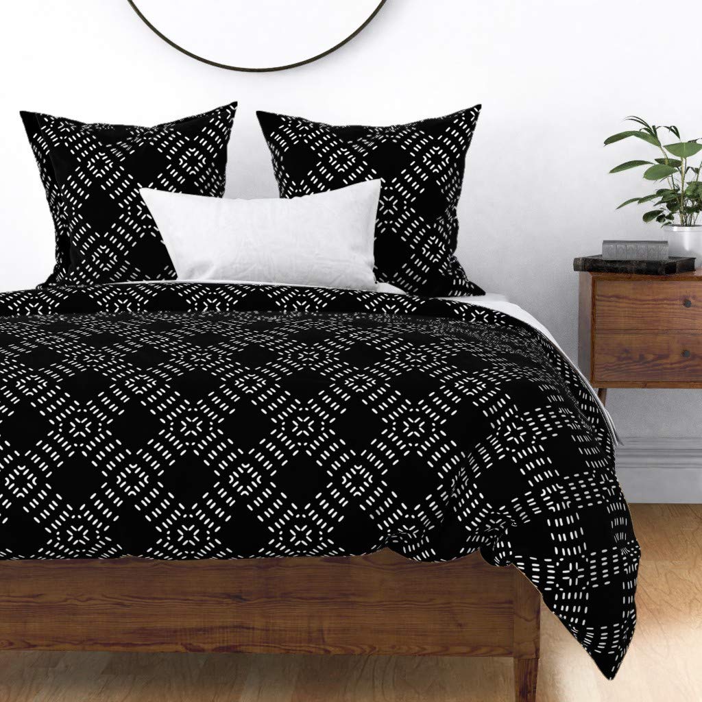 Modern Farmhouse Tile Black White Monochrome Abstract Moroccan Geometric Print Cotton Sateen Duvet Cover - Full/Queen Size Custom Bedding | Perfect for Guest Rooms, Master Bedrooms & Farmhouse Style Decor