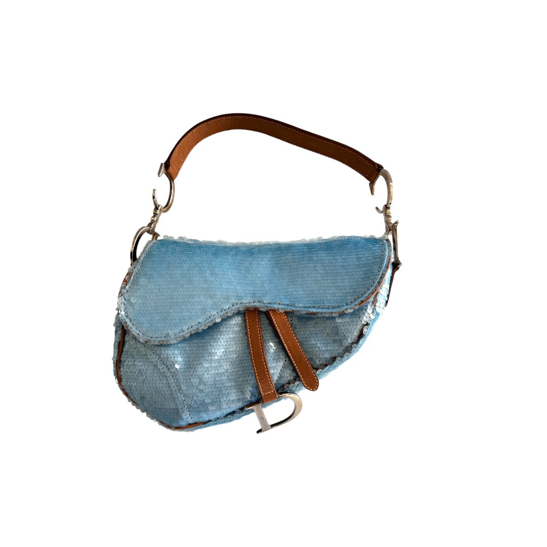 Vintage Dior Baby Blue Sequin Saddle Bag - Luxury Designer Crossbody Purse for Women | Perfect for Parties, Weddings & Evening Events
