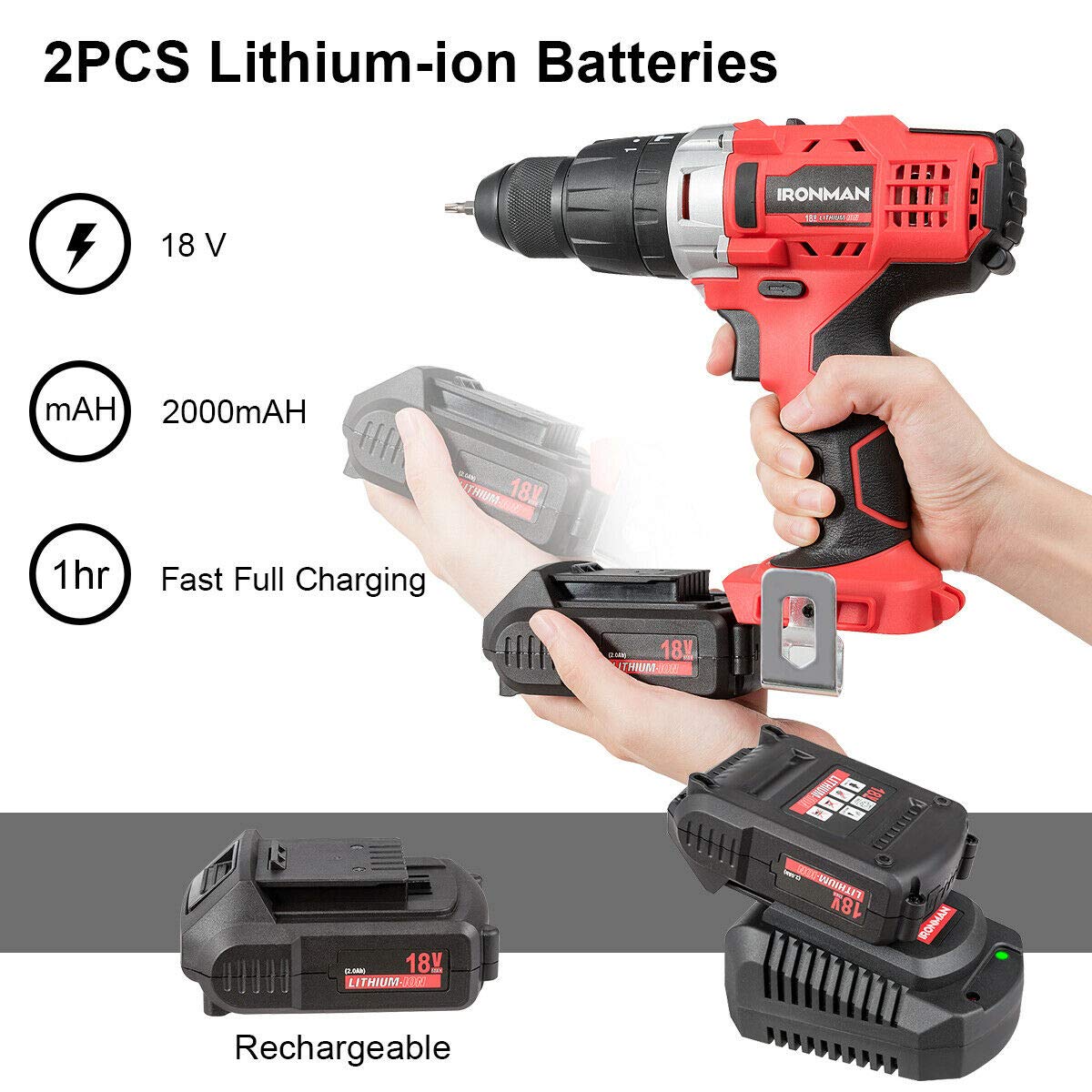 18V Cordless Drill Driver Impact Tool Kit with 1/2