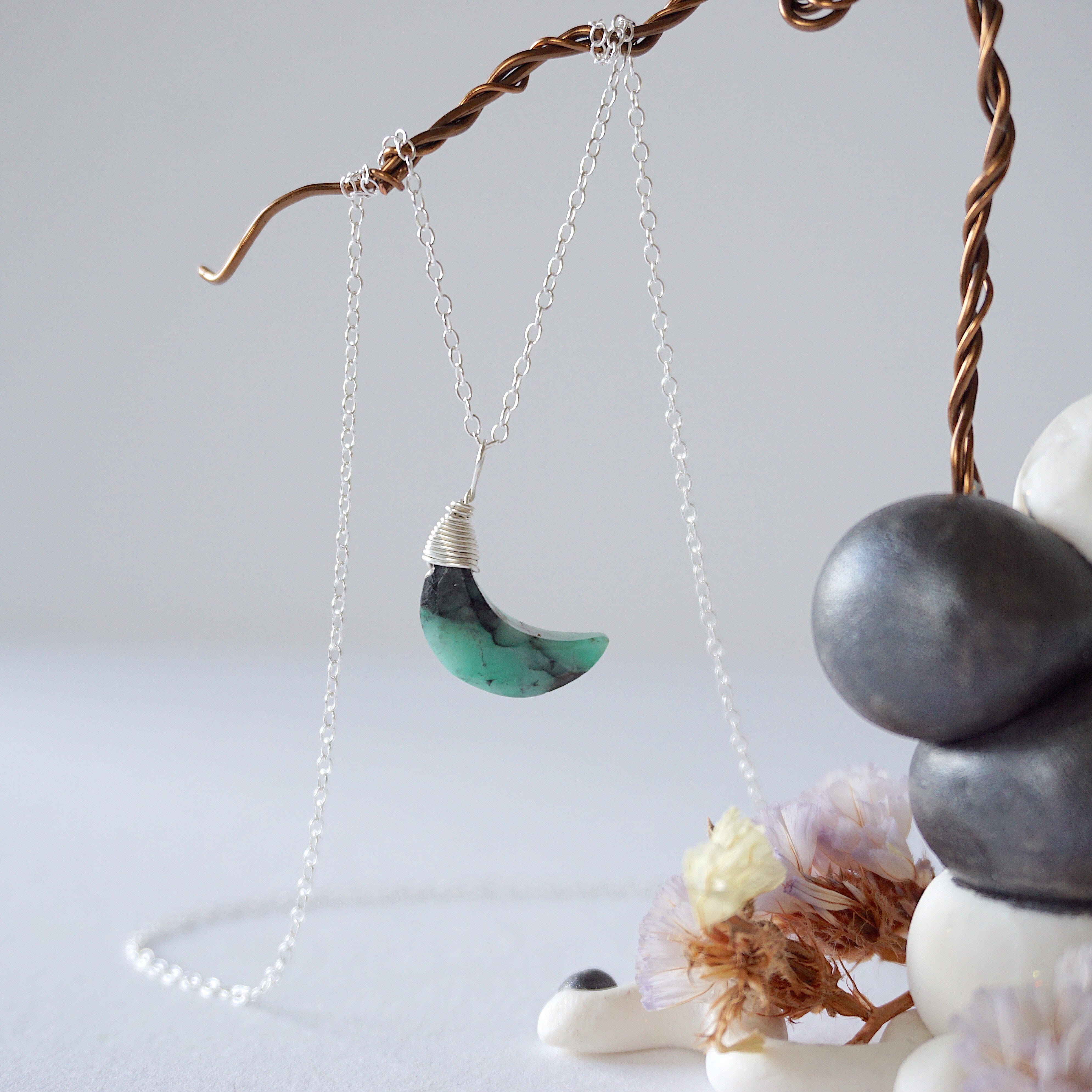 Emerald Sterling Silver Moon Charm Necklace - Dainty Jewelry for Women, Elegant Pendant Necklace for Everyday Wear, Gift for Her | Perfect for Date Nights, Office Wear & Special Occasions