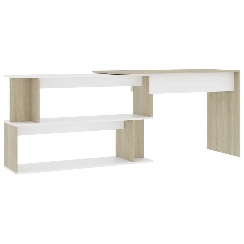 Minimalist White & Sonoma Oak Corner Desk - Space Saving Small Writing Desk with Open Compartments (47.2