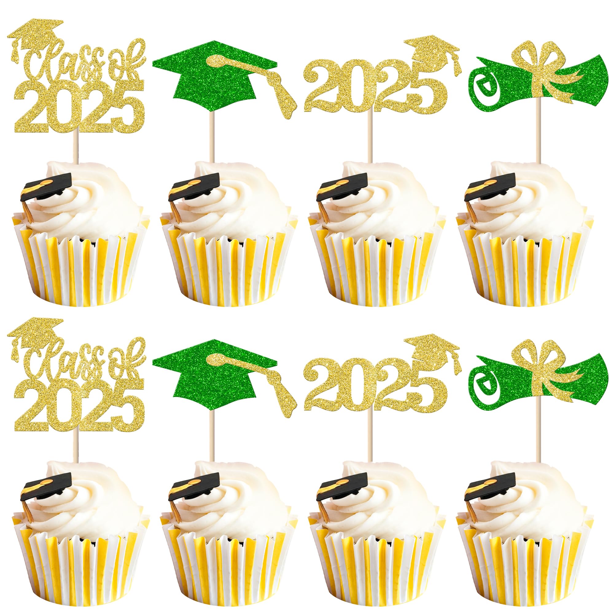 Rsstarxi 36 Pack Class of 2025 Graduation Cupcake Toppers - Glitter Graduation Cap & Diploma Cake Decorations in Green & Gold - Perfect for Graduation Parties, School Celebrations & Dessert Table Decor