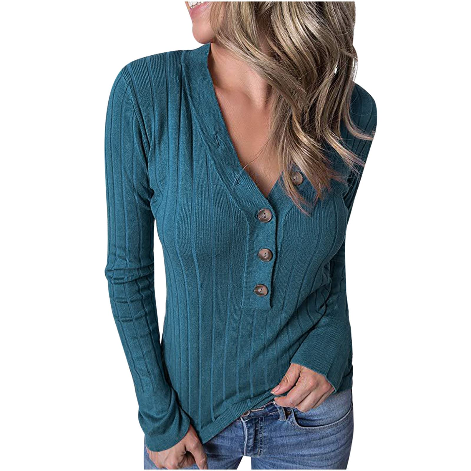 Women's Long Sleeve Ribbed Button V-Neck Knit T-Shirt - Soft Casual Blouse for Everyday Wear | Perfect for Office, Dating & Weekend Outfits